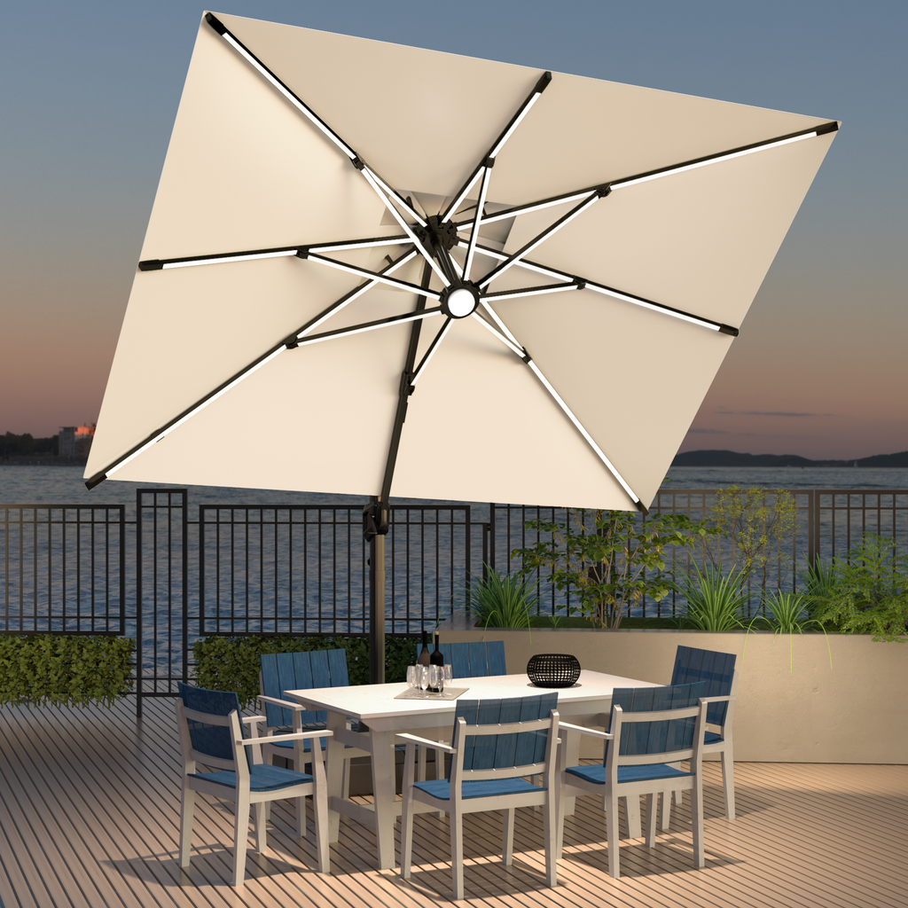 LED Cantilever Umbrella with Integrated Ribline Lighting for Outdoor Dining, Poolside Lounging & Garden Evenings