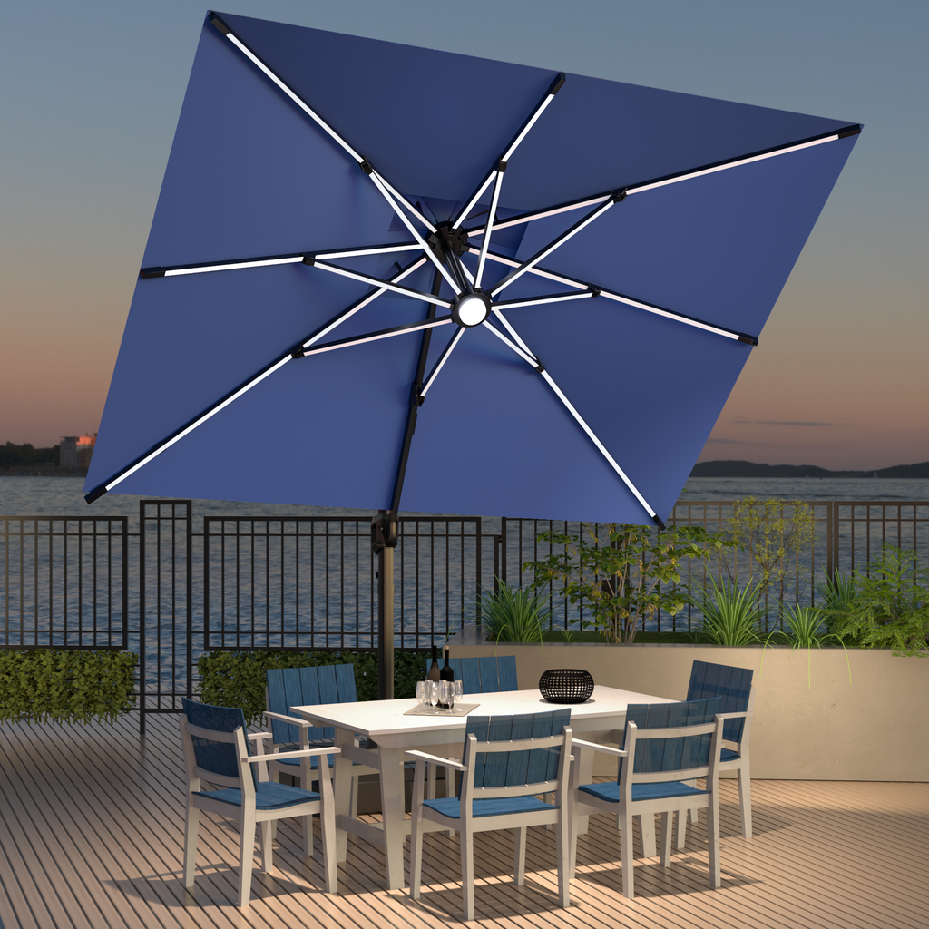 LED Cantilever Umbrella with Integrated Ribline Lighting for Outdoor Dining, Poolside Lounging & Garden Evenings