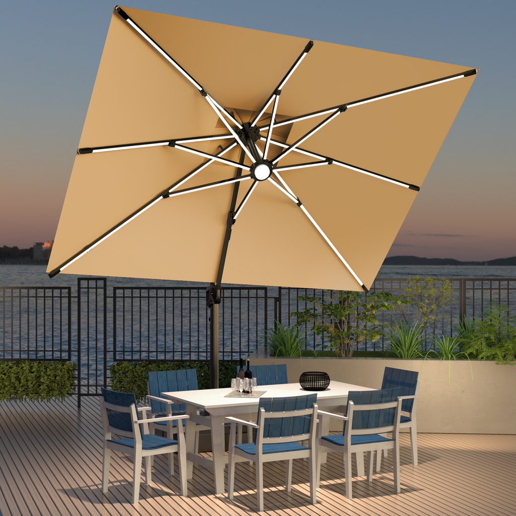 LED Cantilever Umbrella with Integrated Ribline Lighting for Outdoor Dining, Poolside Lounging & Garden Evenings