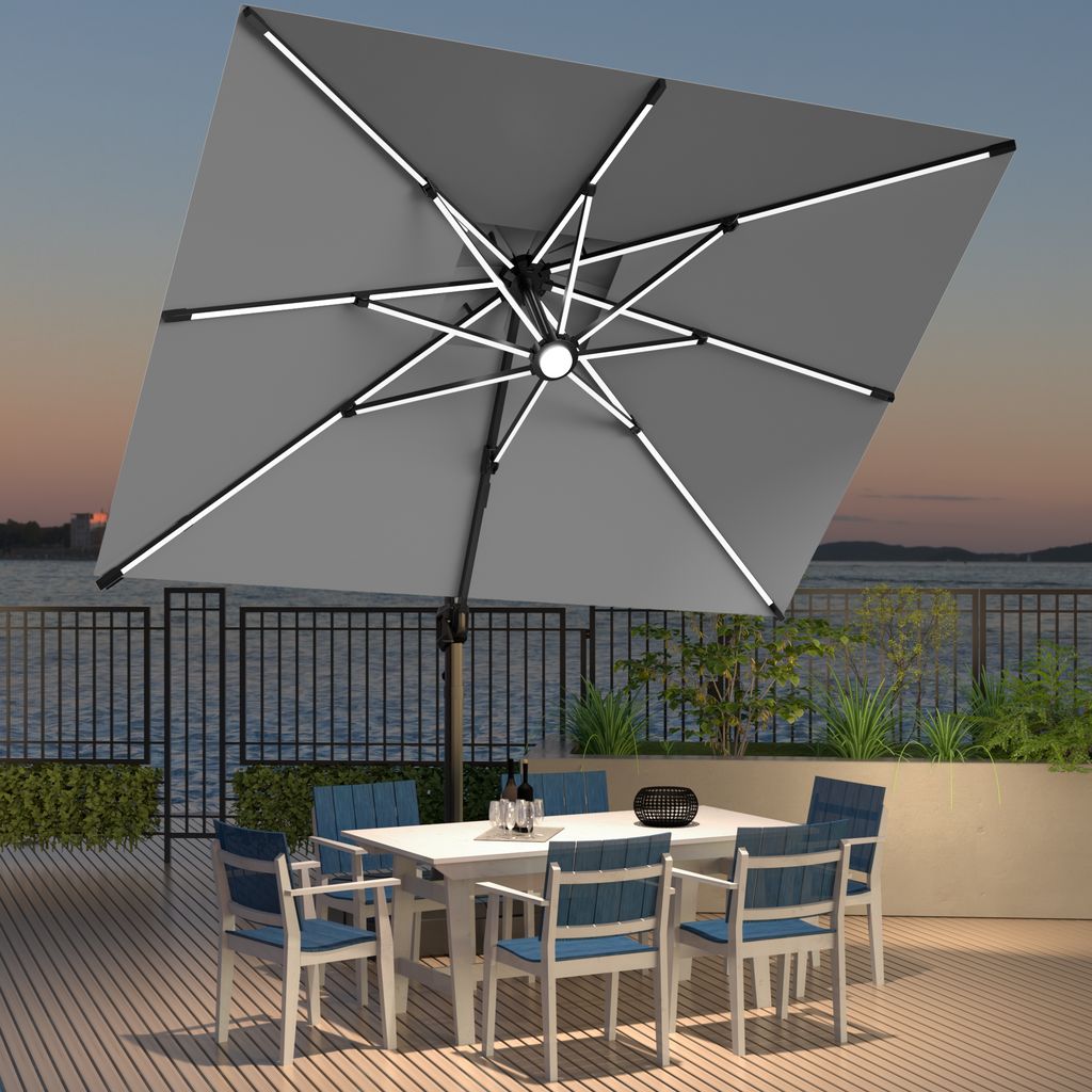 LED Cantilever Umbrella with Integrated Ribline Lighting for Outdoor Dining, Poolside Lounging & Garden Evenings