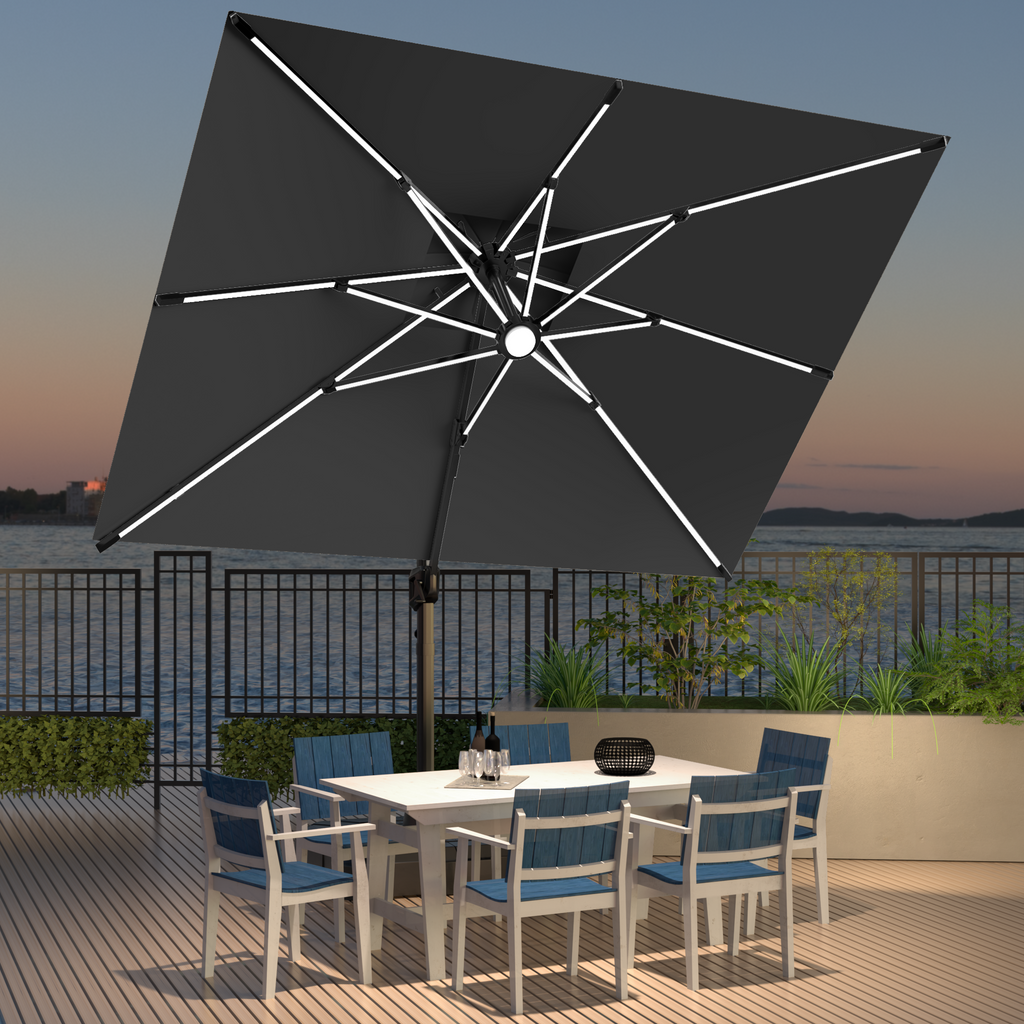 LED Cantilever Umbrella with Integrated Ribline Lighting for Outdoor Dining, Poolside Lounging & Garden Evenings