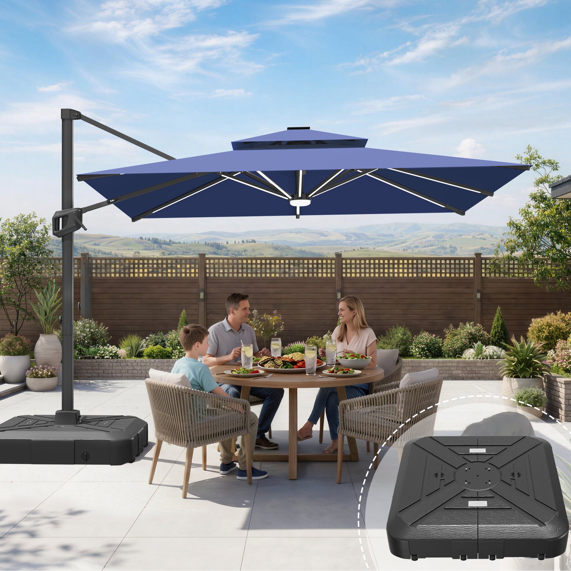 LED Cantilever Umbrella with Integrated Ribline Lighting for Outdoor Dining, Poolside Lounging & Garden Evenings