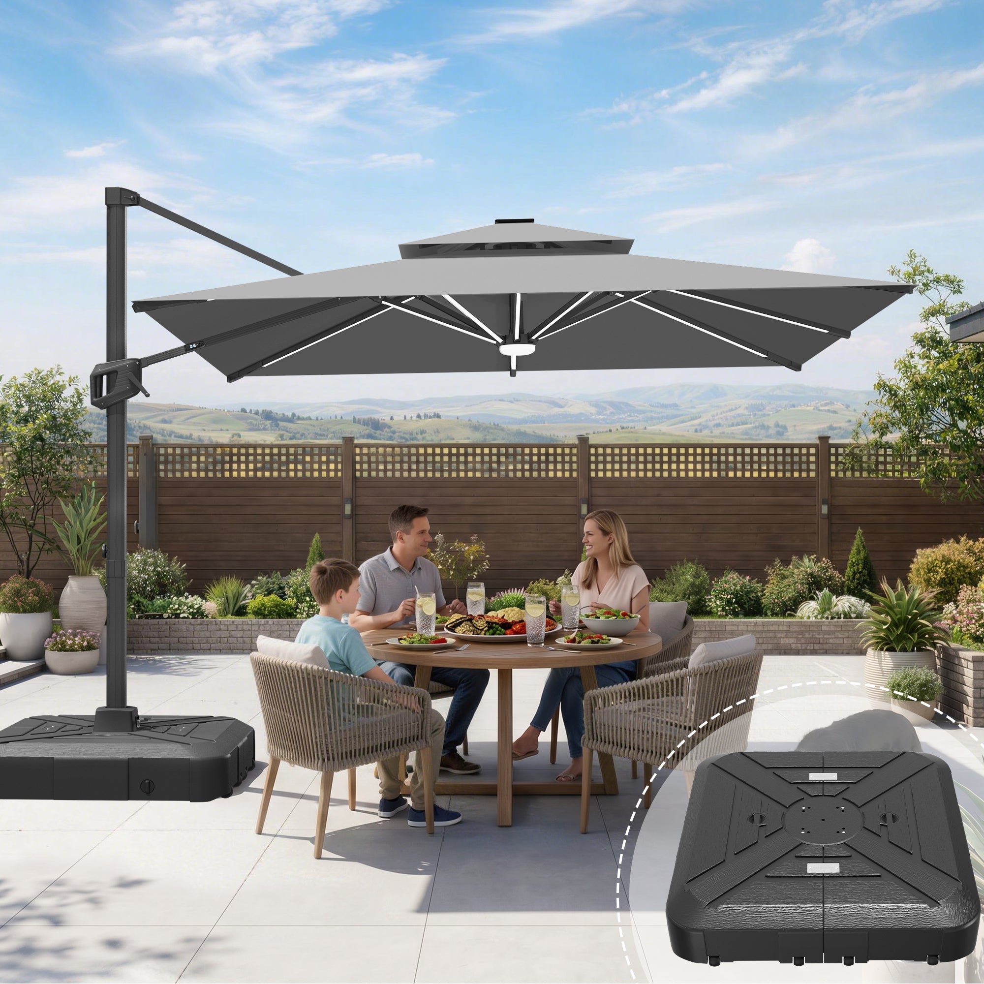 LED Cantilever Umbrella with Integrated Ribline Lighting for Outdoor Dining, Poolside Lounging & Garden Evenings