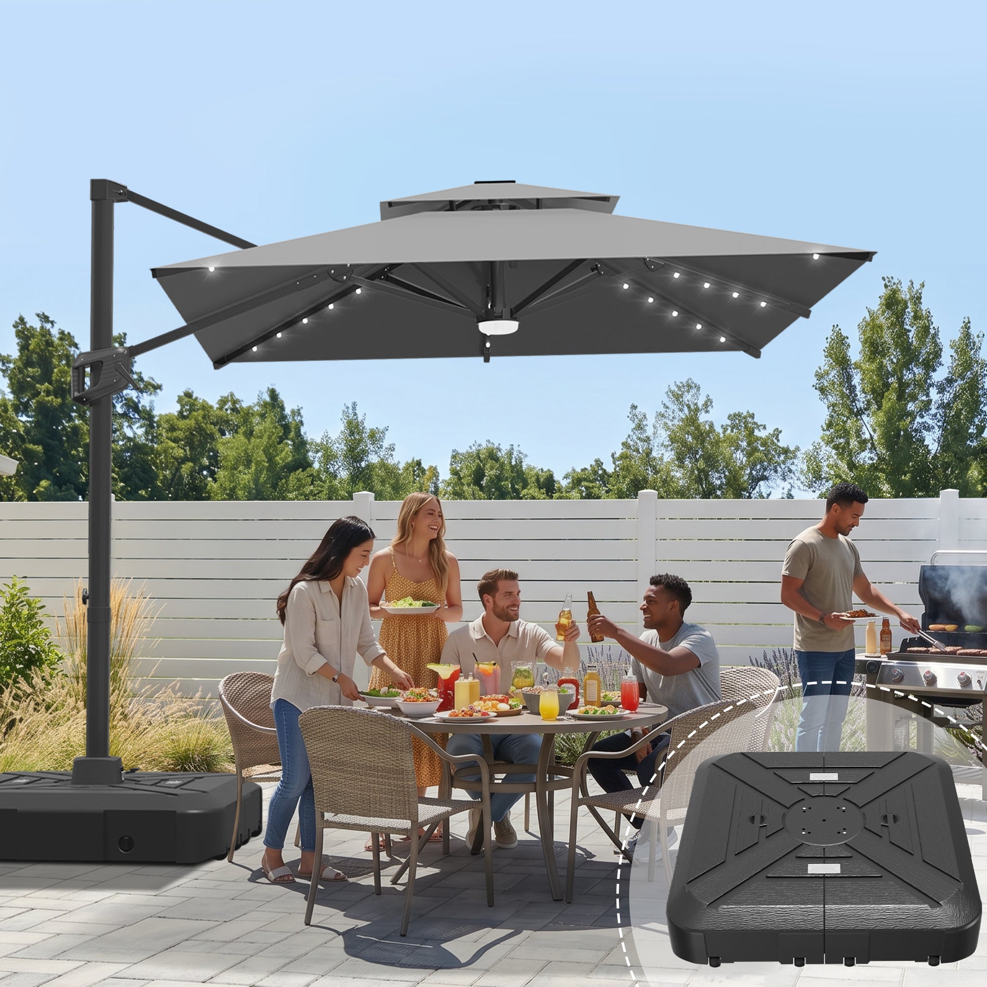 Cantilever Umbrella with Integrated Solar LED Bead Lights for Patios, Poolside Lounging & Garden Evenings