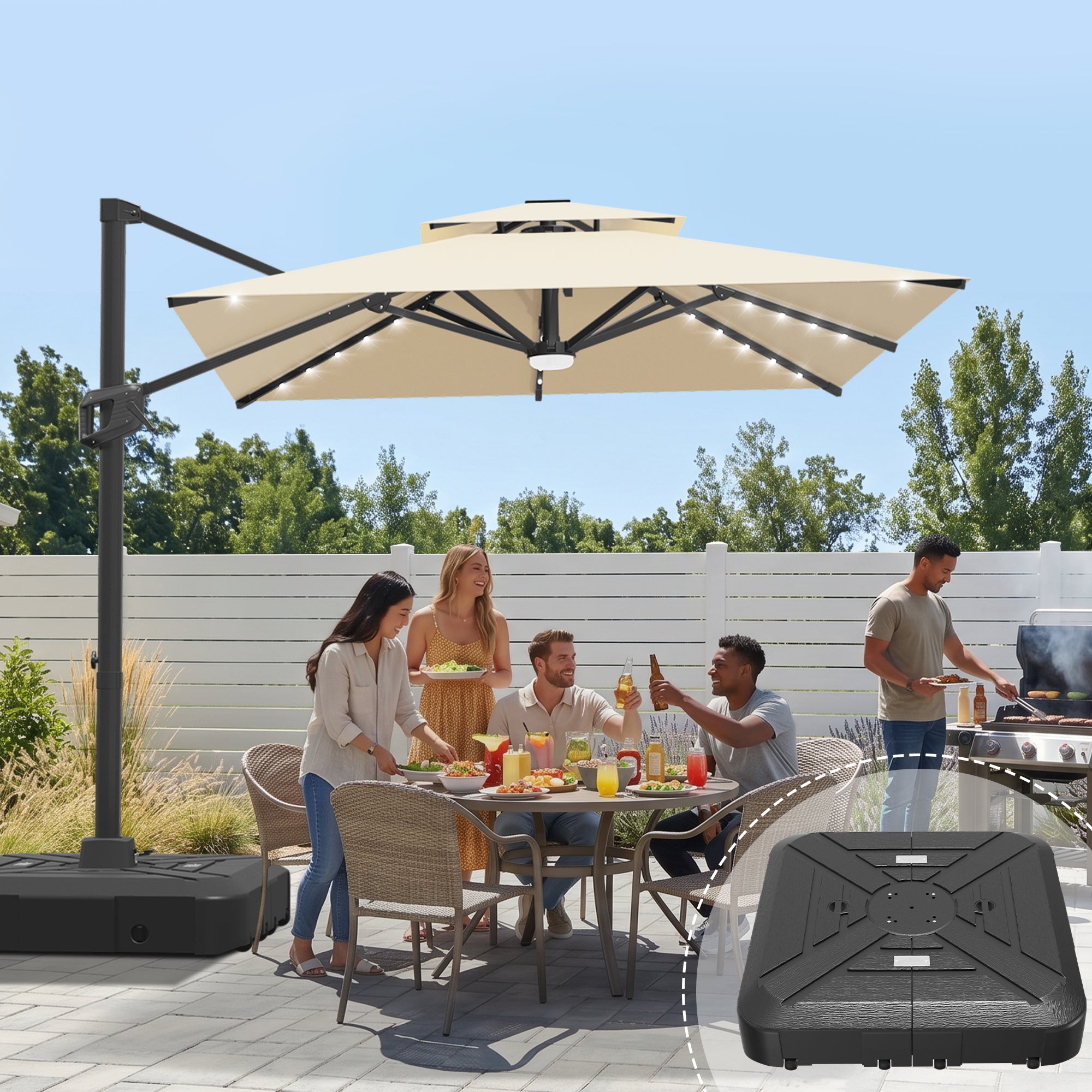 Cantilever Umbrella with Integrated Solar LED Bead Lights for Patios, Poolside Lounging & Garden Evenings