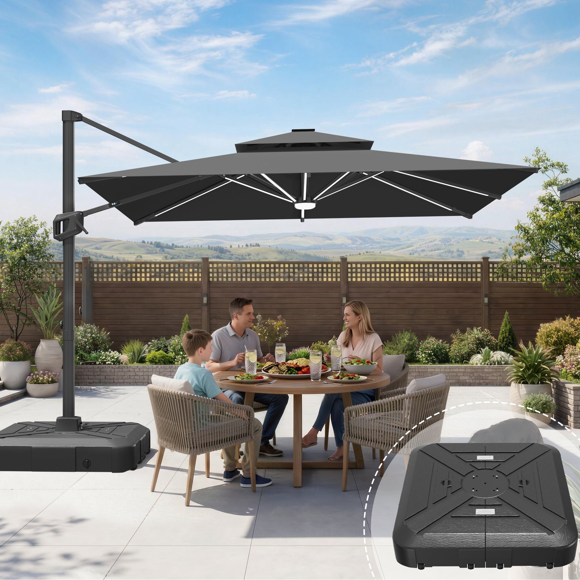 LED Cantilever Umbrella with Integrated Ribline Lighting for Outdoor Dining, Poolside Lounging & Garden Evenings