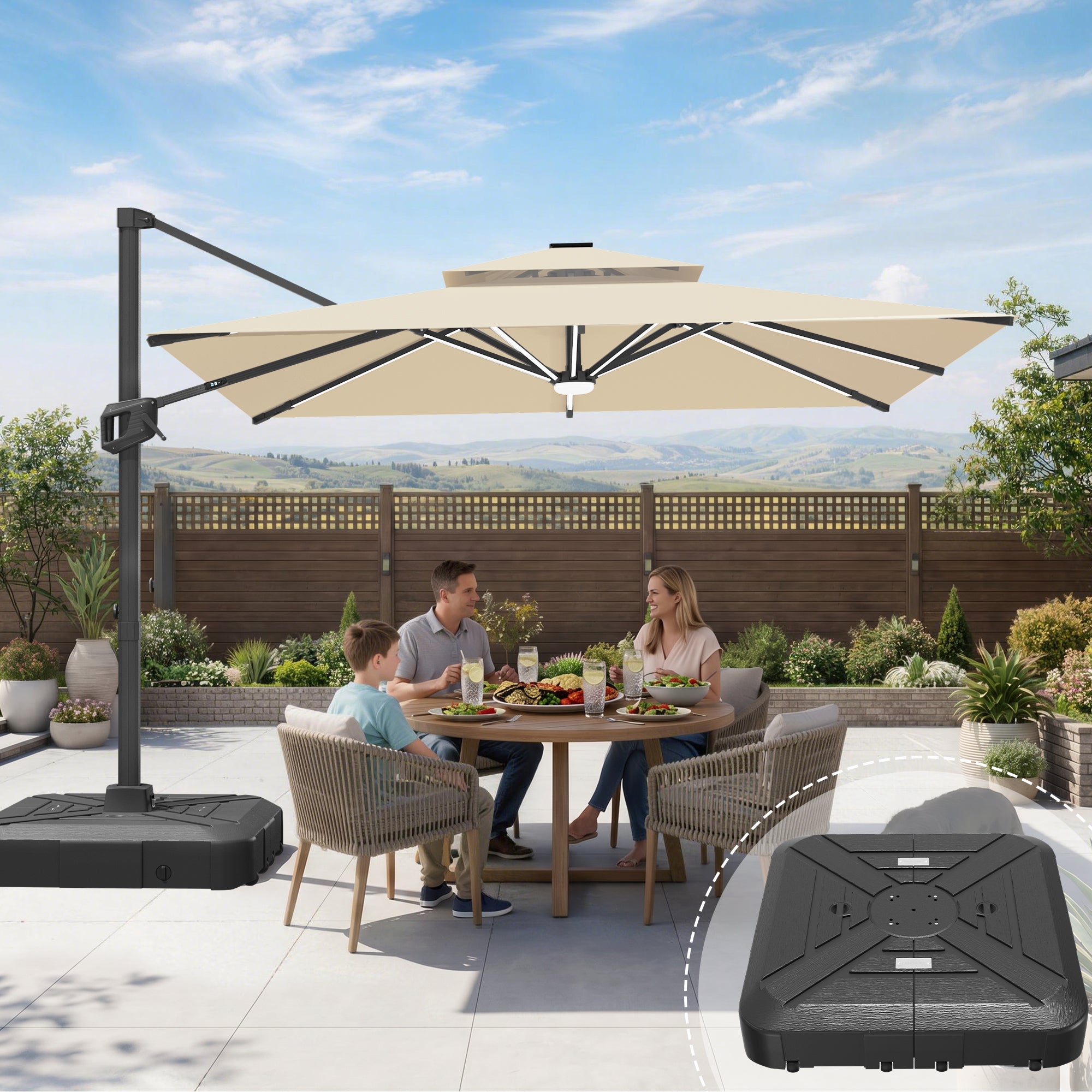 LED Cantilever Umbrella with Integrated Ribline Lighting for Outdoor Dining, Poolside Lounging & Garden Evenings