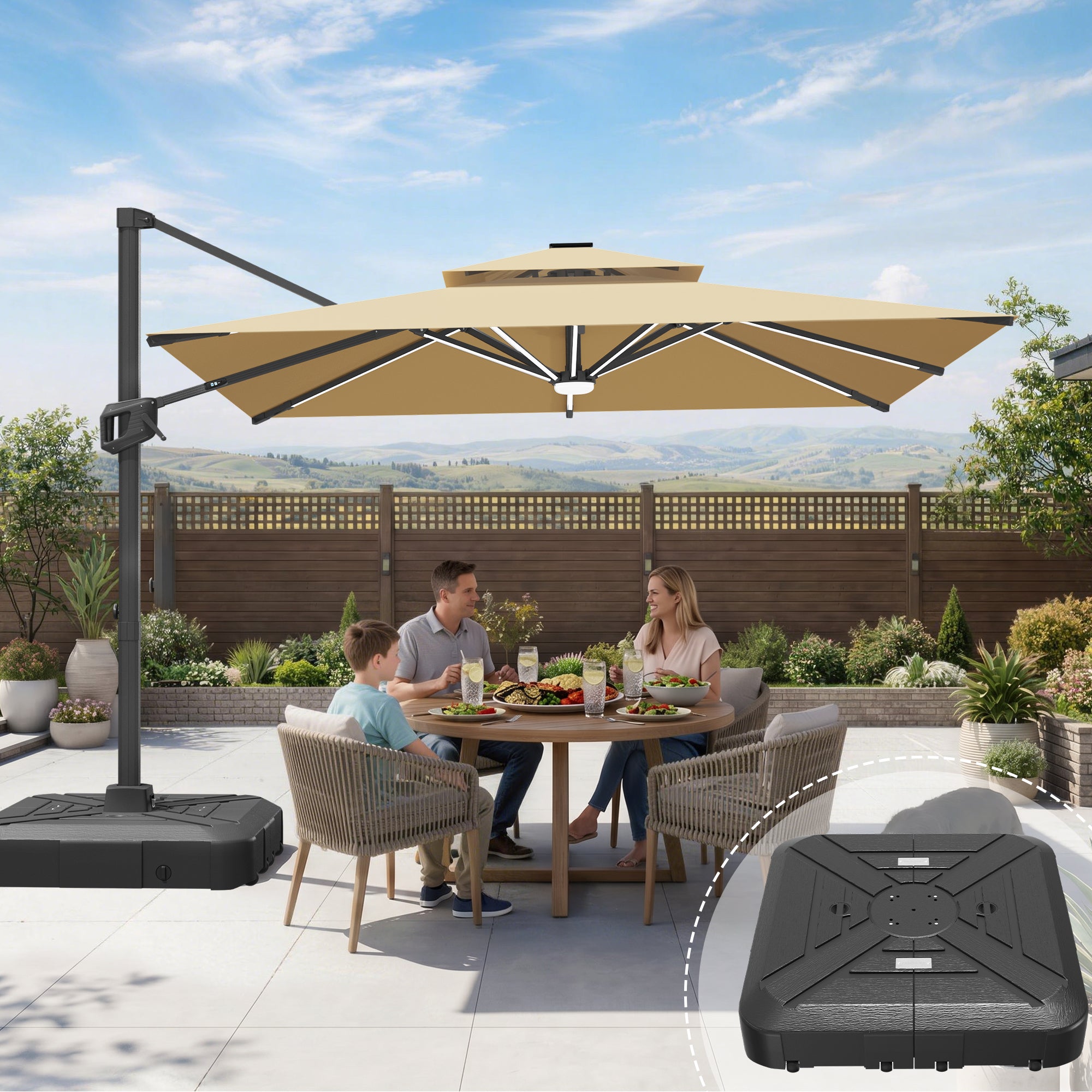 LED Cantilever Umbrella with Integrated Ribline Lighting for Outdoor Dining, Poolside Lounging & Garden Evenings