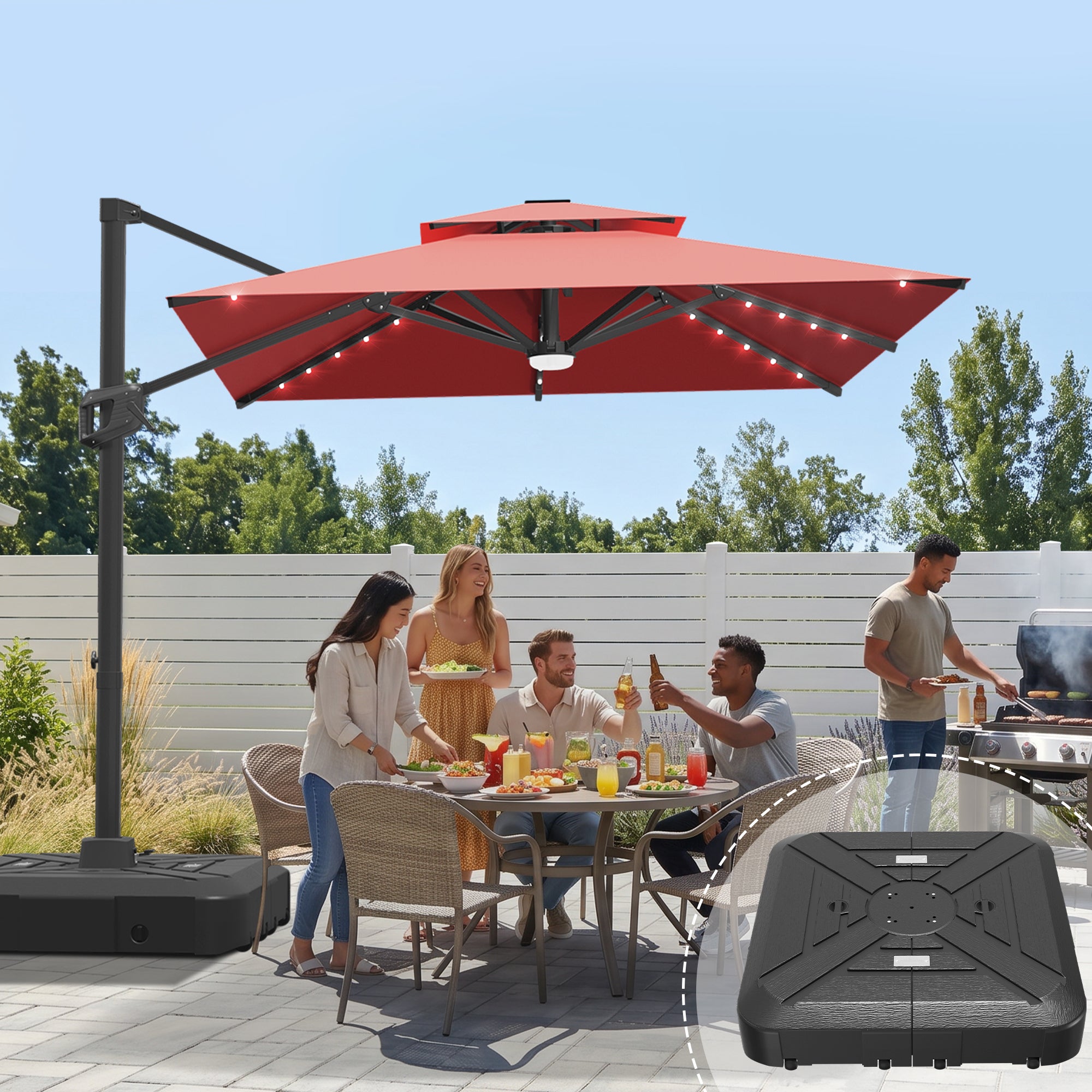 Cantilever Umbrella with Integrated Solar LED Bead Lights for Patios, Poolside Lounging & Garden Evenings