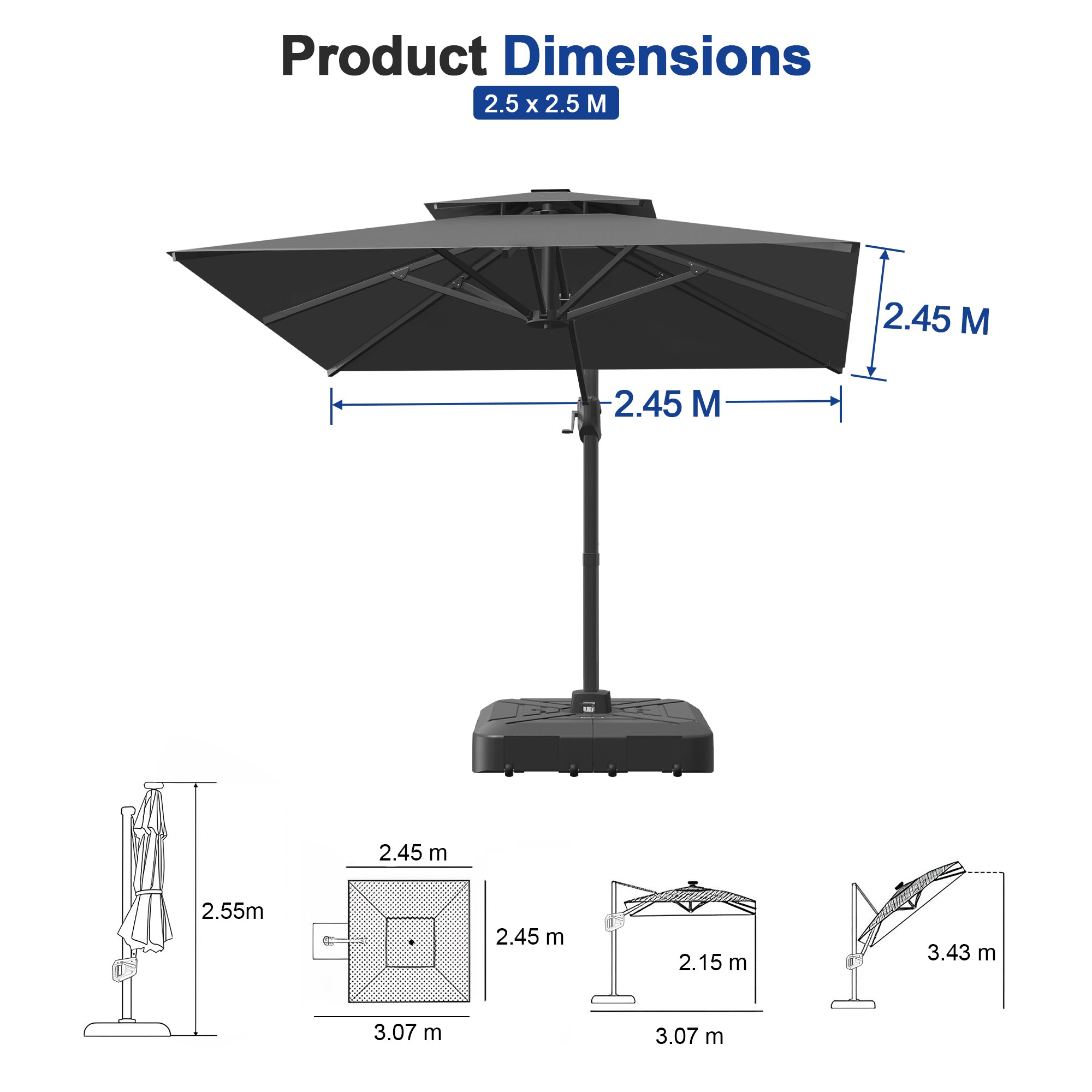 Heavy-Duty Cantilever Umbrella with Cross Base — Powder-Coated Aluminium Frame for Garden, Patio & Poolside