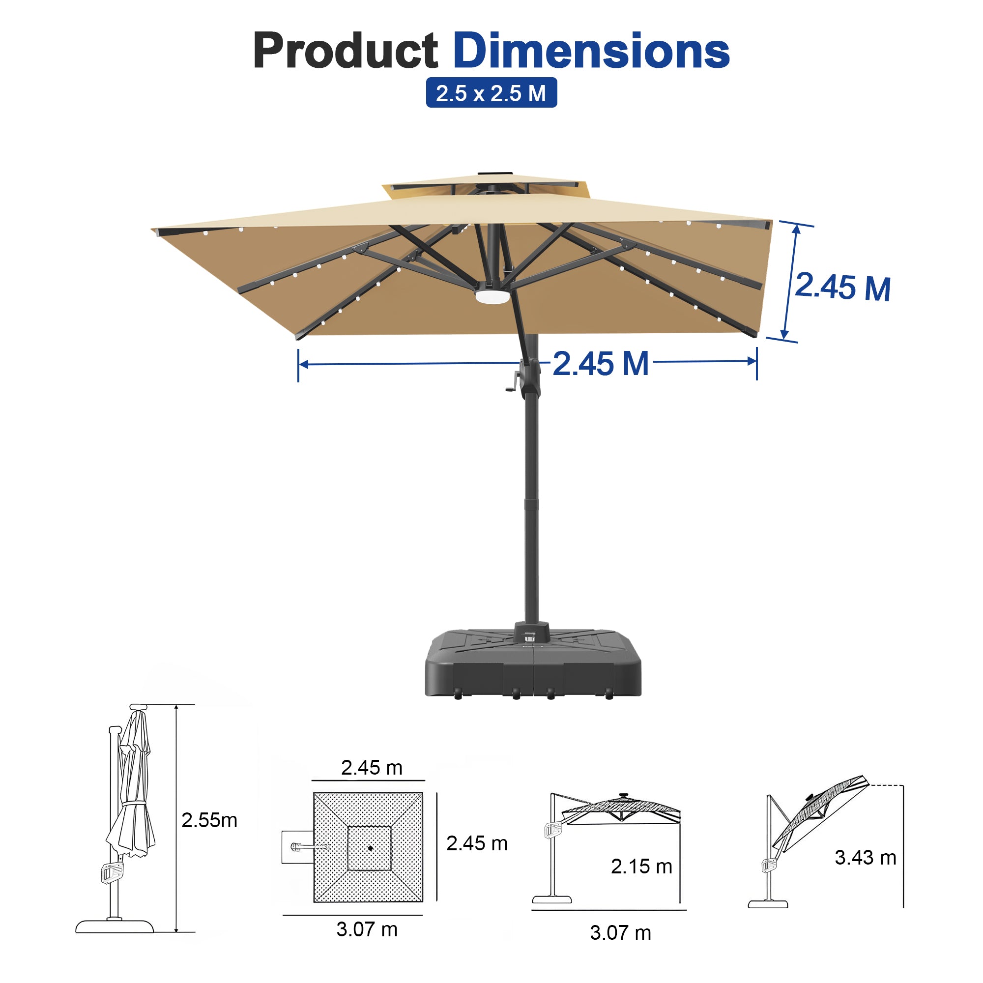 Cantilever Umbrella with Integrated Solar LED Bead Lights for Patios, Poolside Lounging & Garden Evenings