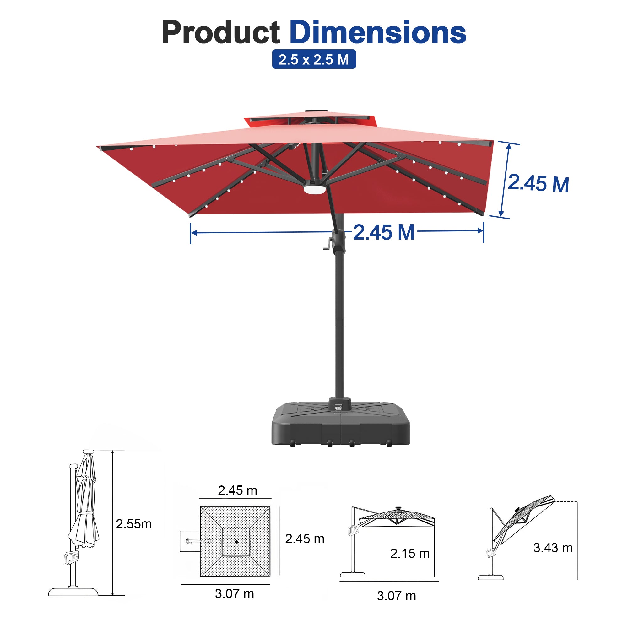 Cantilever Umbrella with Integrated Solar LED Bead Lights for Patios, Poolside Lounging & Garden Evenings
