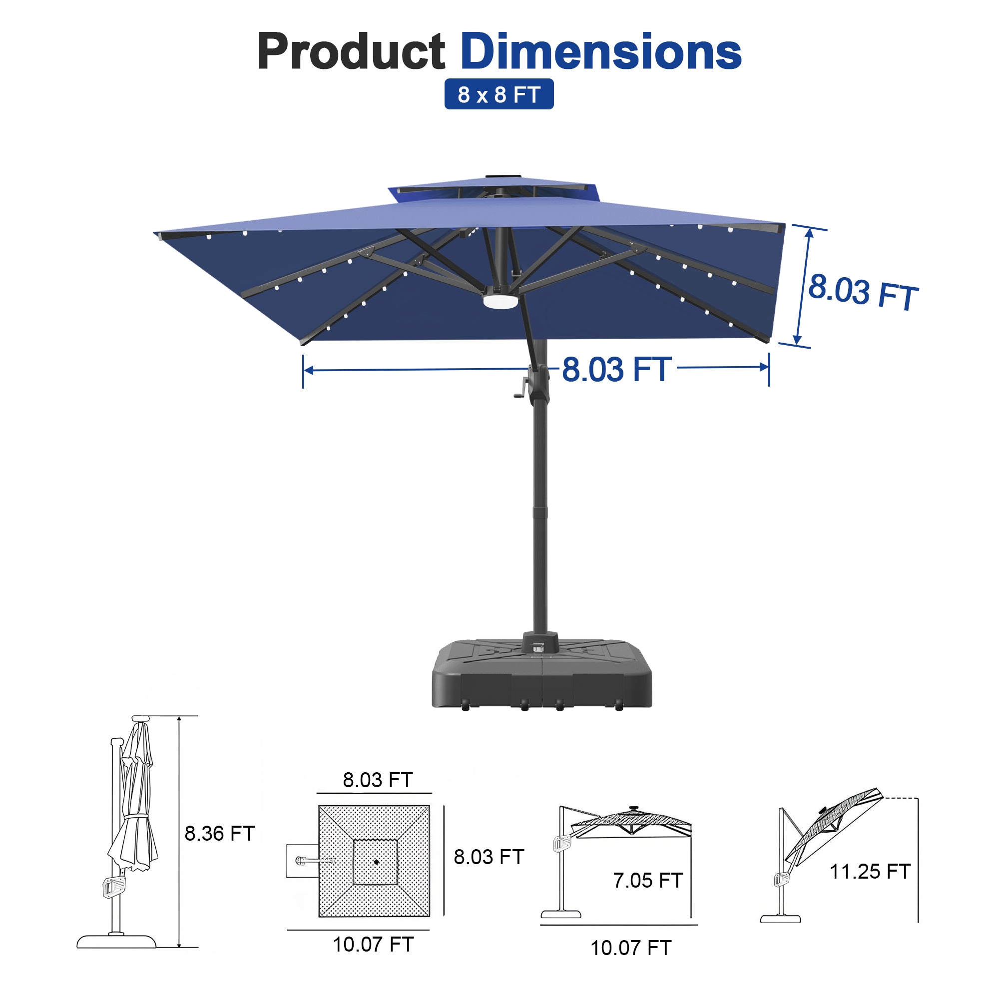 Cantilever Umbrella with Integrated Solar LED Bead Lights for Patios, Poolside Lounging & Garden Evenings