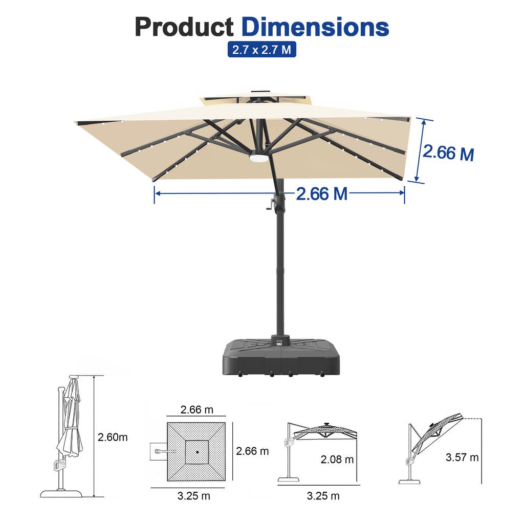 Cantilever Umbrella with Integrated Solar LED Bead Lights for Patios, Poolside Lounging & Garden Evenings
