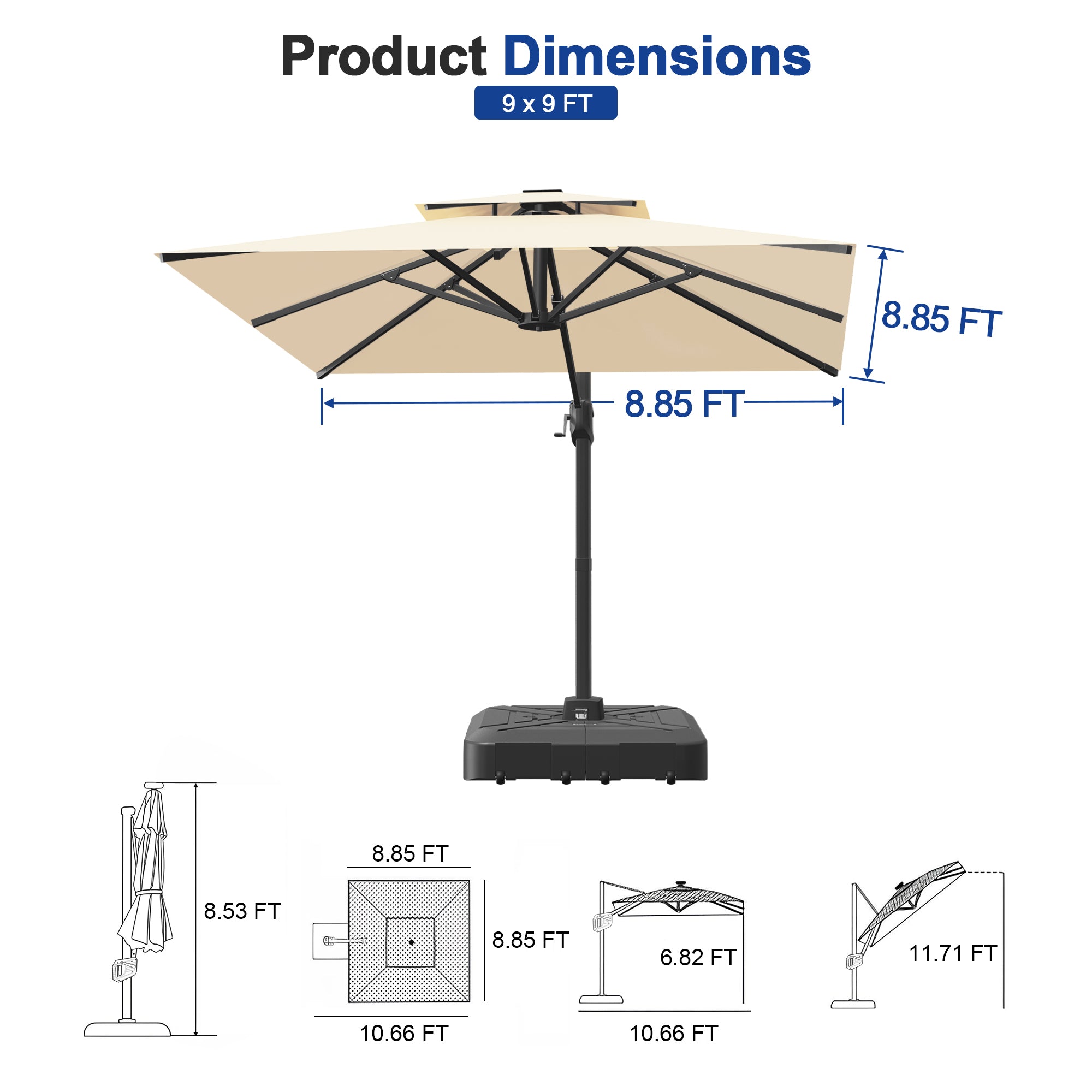 Heavy-Duty Cantilever Umbrella with Cross Base — Powder-Coated Aluminium Frame for Garden, Patio & Poolside