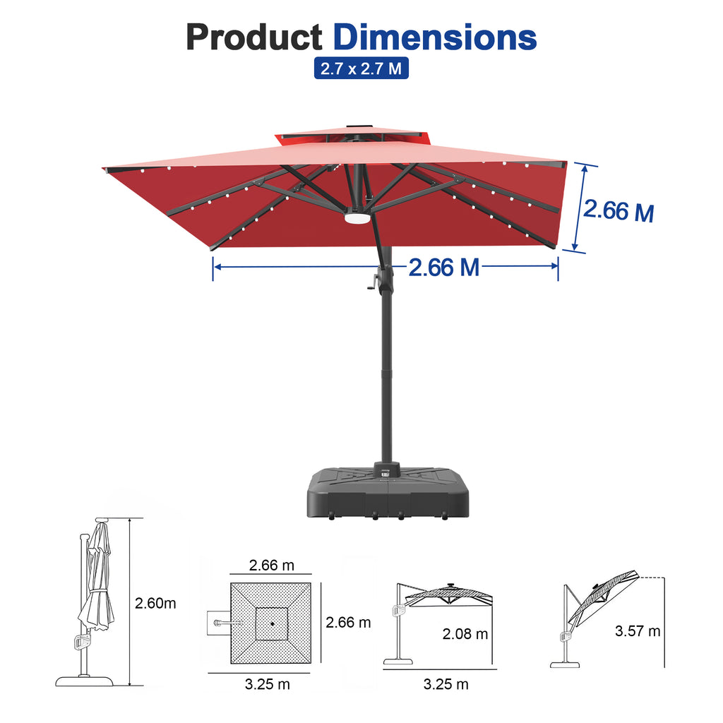 Cantilever Umbrella with Integrated Solar LED Bead Lights for Patios, Poolside Lounging & Garden Evenings