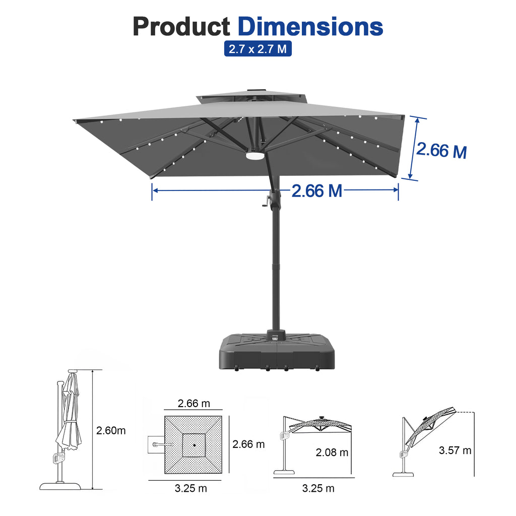 Cantilever Umbrella with Integrated Solar LED Bead Lights for Patios, Poolside Lounging & Garden Evenings