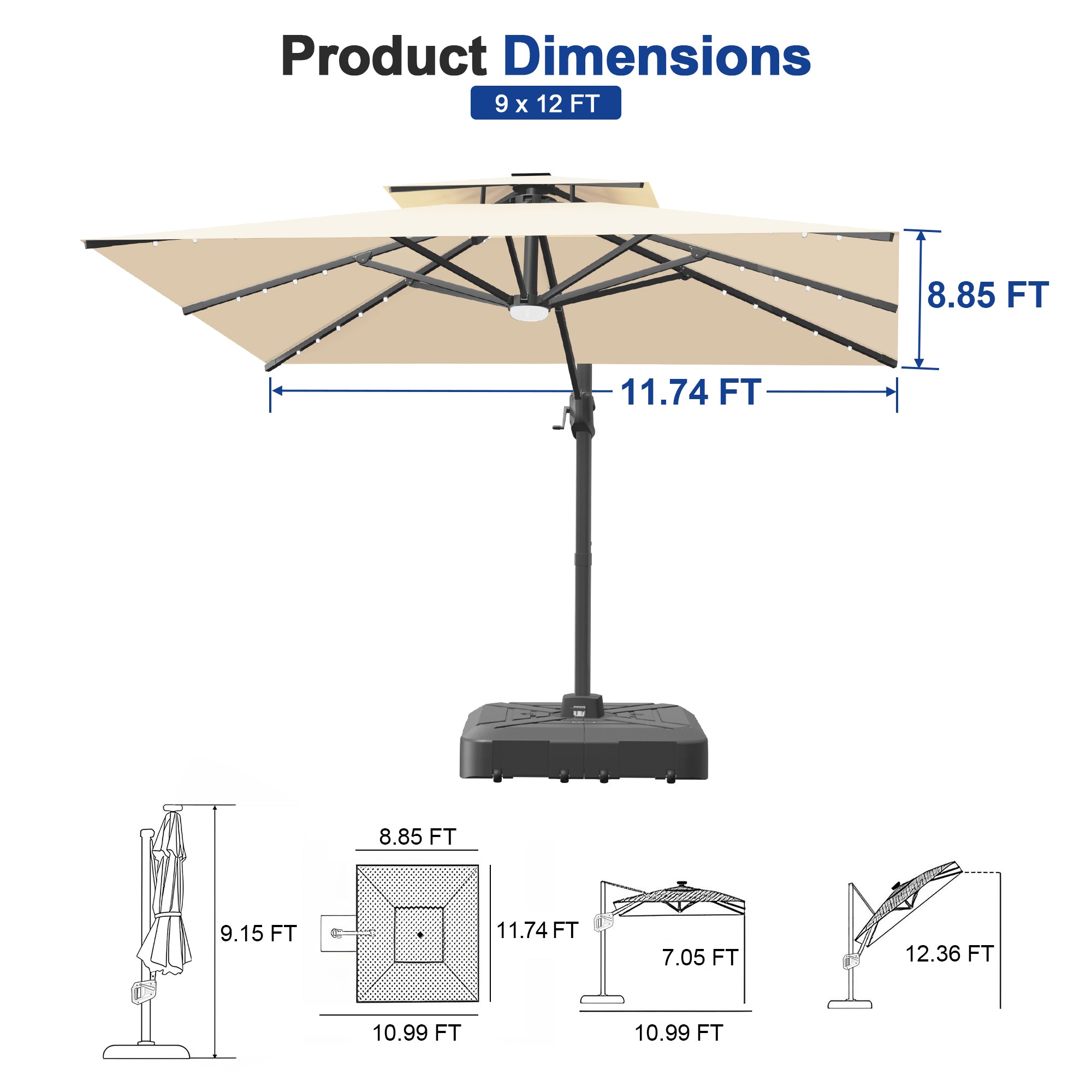 Cantilever Umbrella with Integrated Solar LED Bead Lights for Patios, Poolside Lounging & Garden Evenings