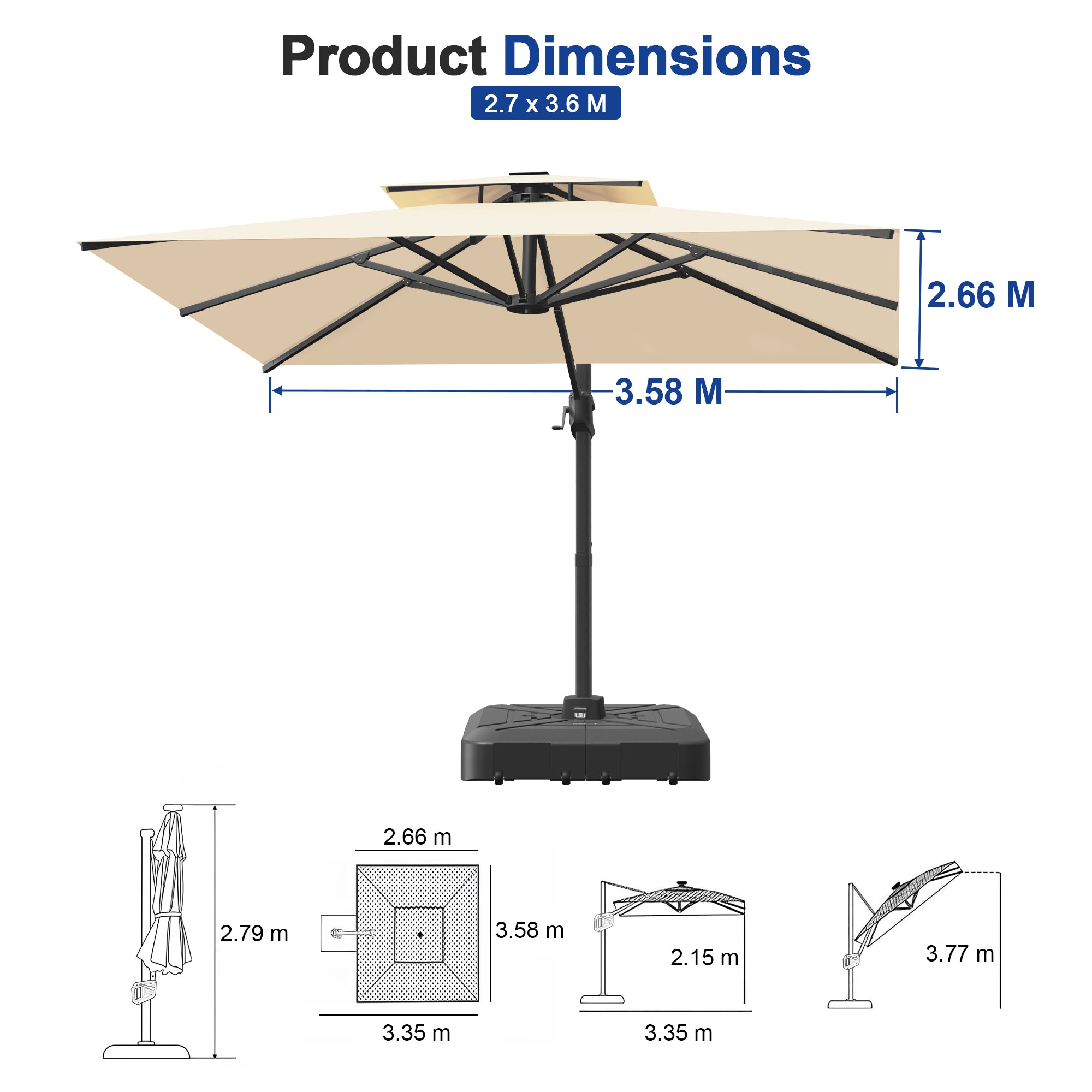 Heavy-Duty Cantilever Umbrella with Cross Base — Powder-Coated Aluminium Frame for Garden, Patio & Poolside