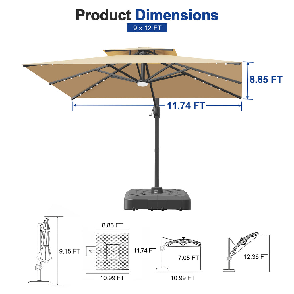 Cantilever Umbrella with Integrated Solar LED Bead Lights for Patios, Poolside Lounging & Garden Evenings