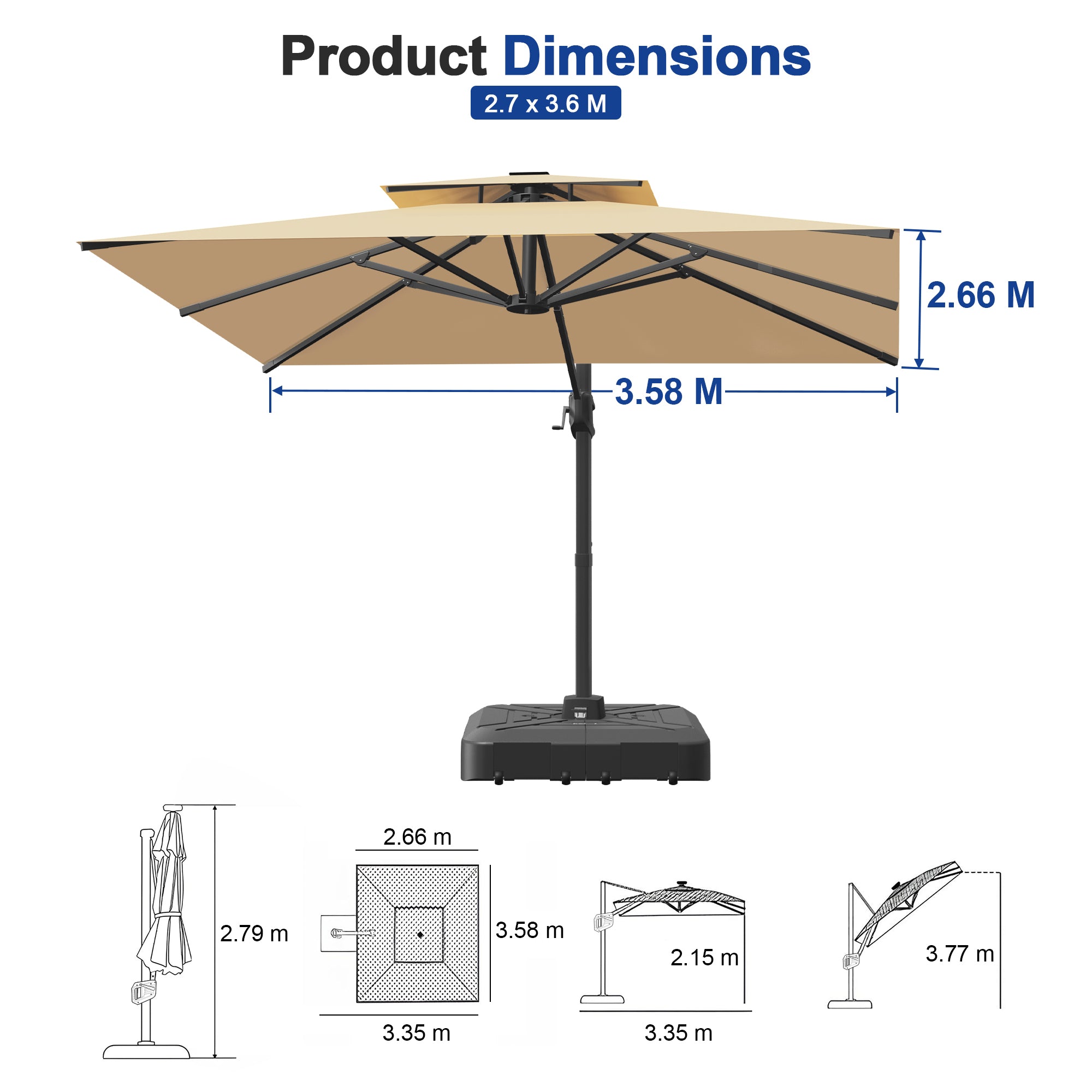 Heavy-Duty Cantilever Umbrella with Cross Base — Powder-Coated Aluminium Frame for Garden, Patio & Poolside