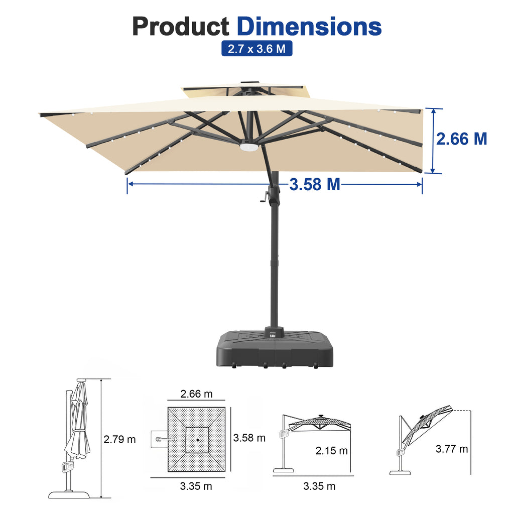 Cantilever Umbrella with Integrated Solar LED Bead Lights for Patios, Poolside Lounging & Garden Evenings
