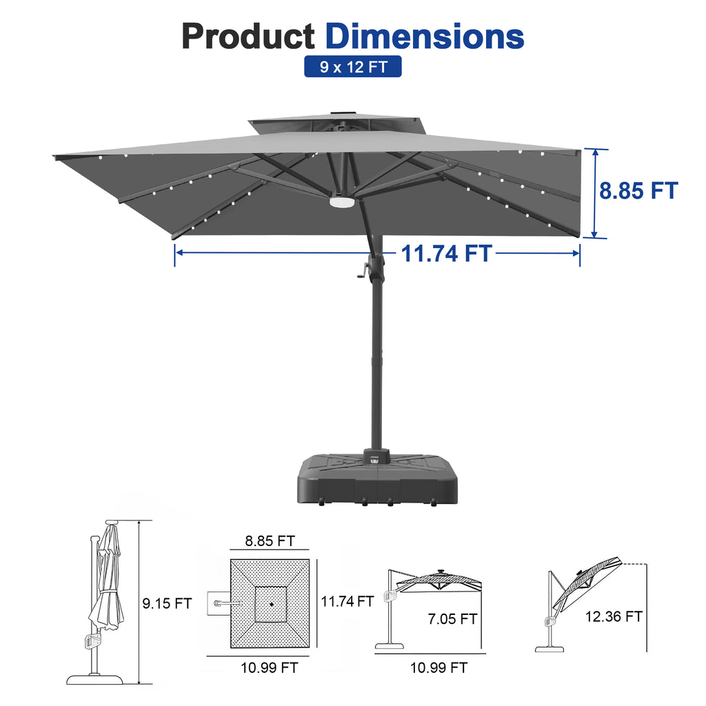 Cantilever Umbrella with Integrated Solar LED Bead Lights for Patios, Poolside Lounging & Garden Evenings