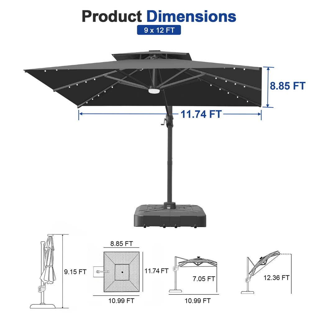 Cantilever Umbrella with Integrated Solar LED Bead Lights for Patios, Poolside Lounging & Garden Evenings