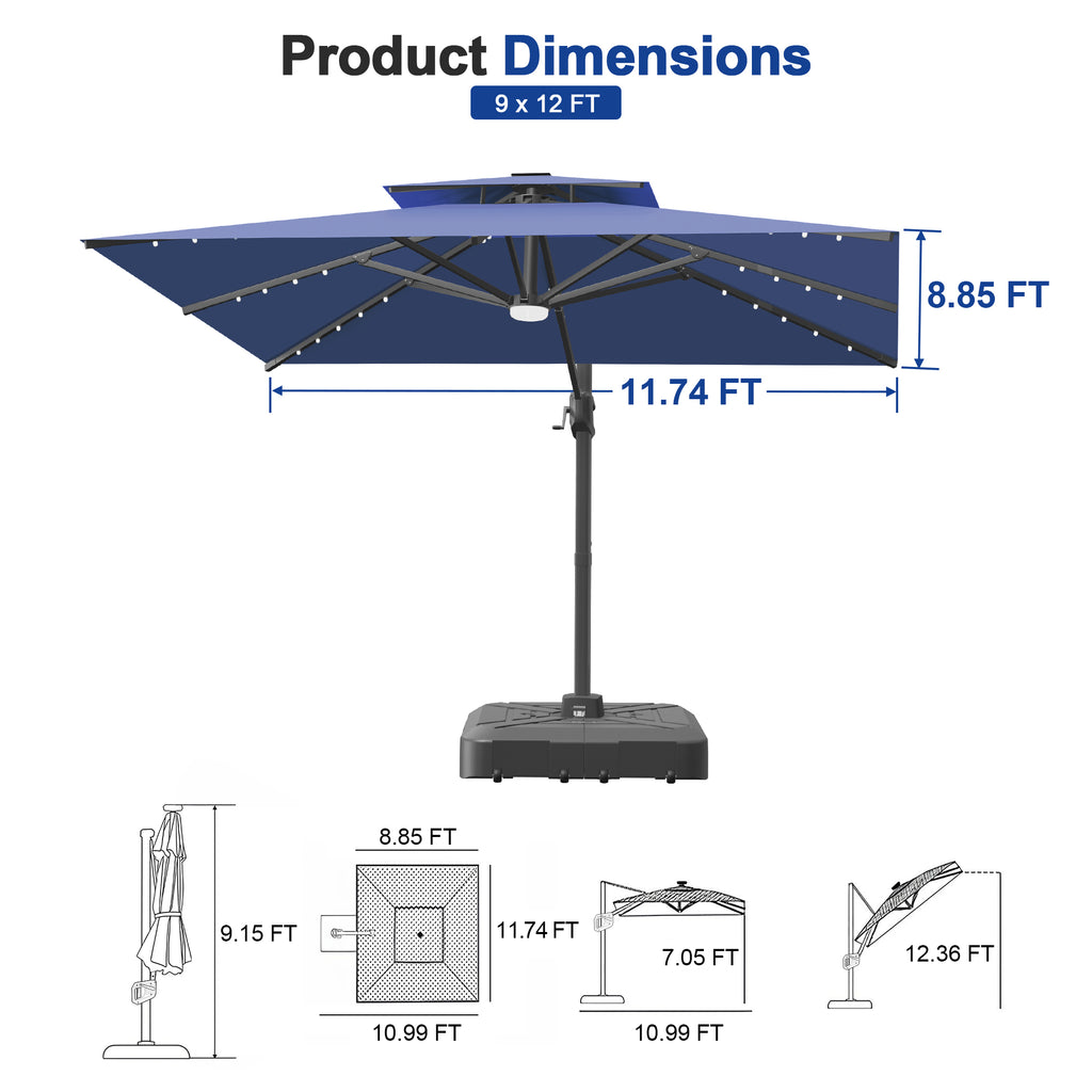 Cantilever Umbrella with Integrated Solar LED Bead Lights for Patios, Poolside Lounging & Garden Evenings