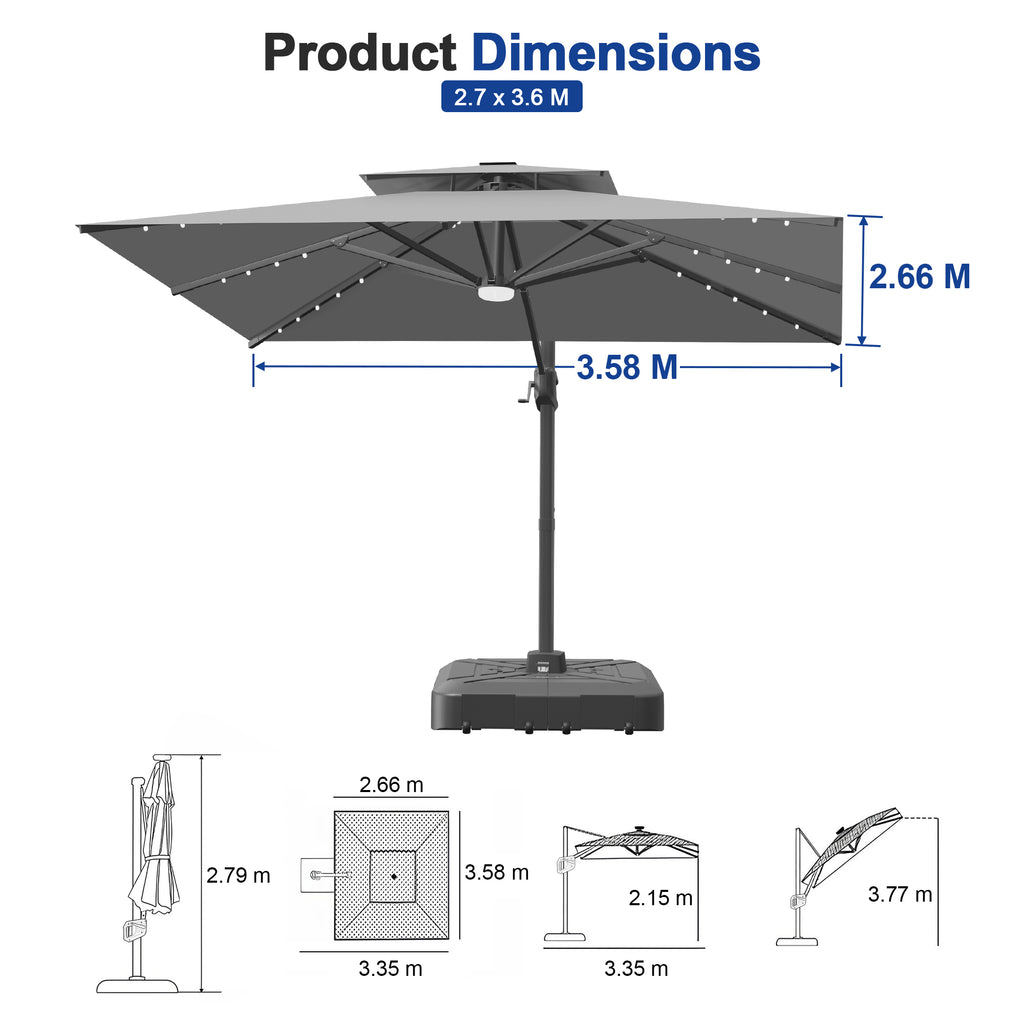 Cantilever Umbrella with Integrated Solar LED Bead Lights for Patios, Poolside Lounging & Garden Evenings