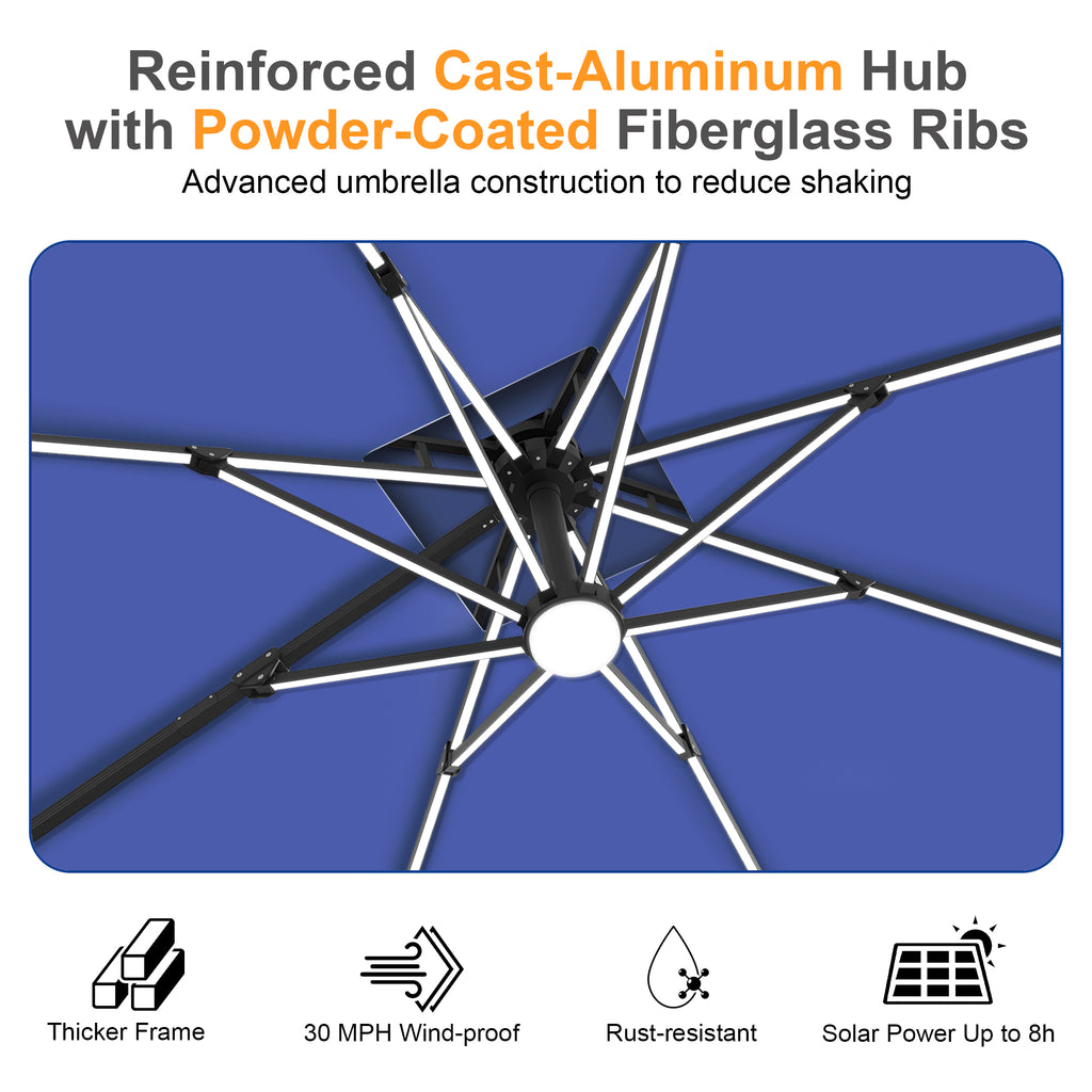 LED Cantilever Umbrella with Integrated Ribline Lighting for Outdoor Dining, Poolside Lounging & Garden Evenings