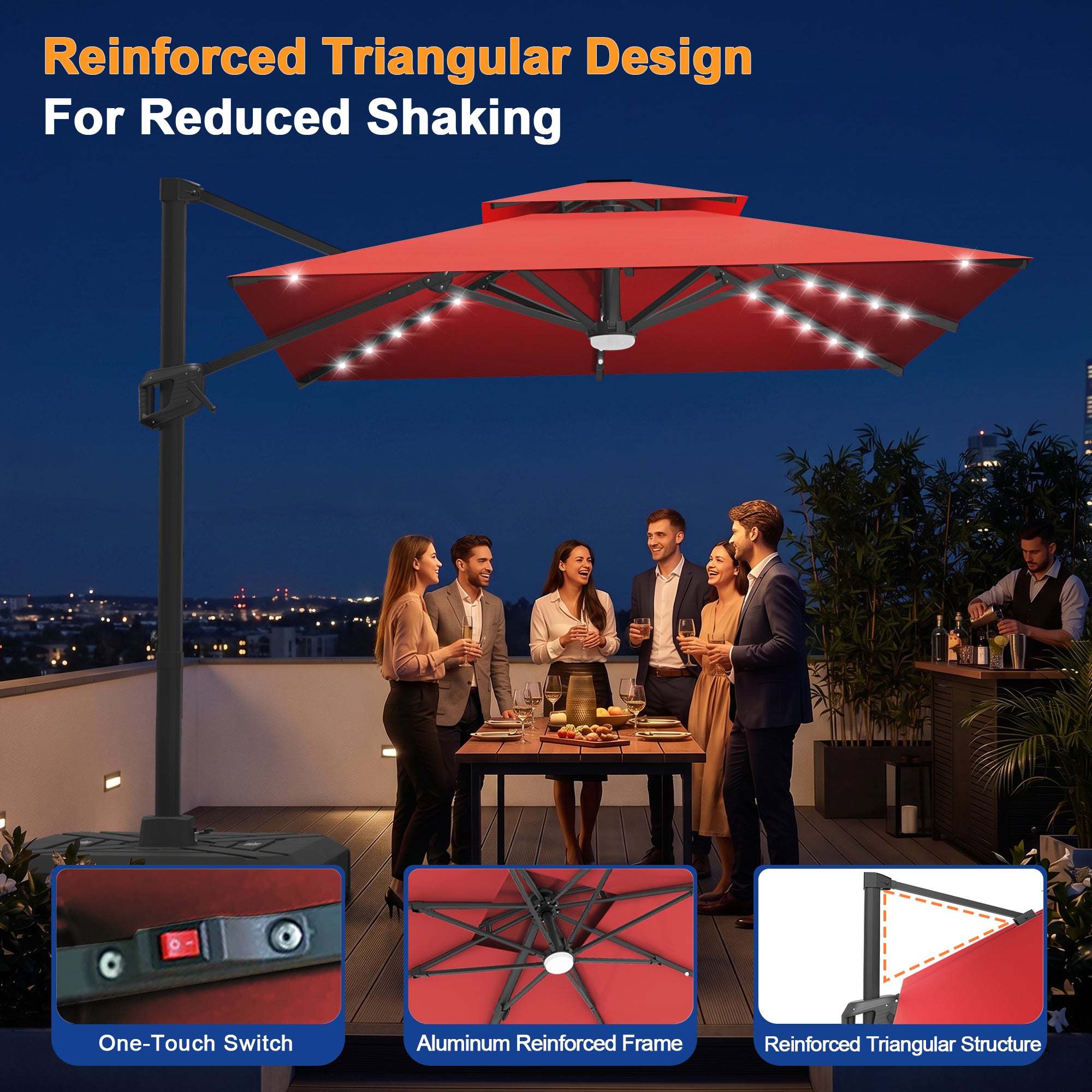 Cantilever Umbrella with Integrated Solar LED Bead Lights for Patios, Poolside Lounging & Garden Evenings