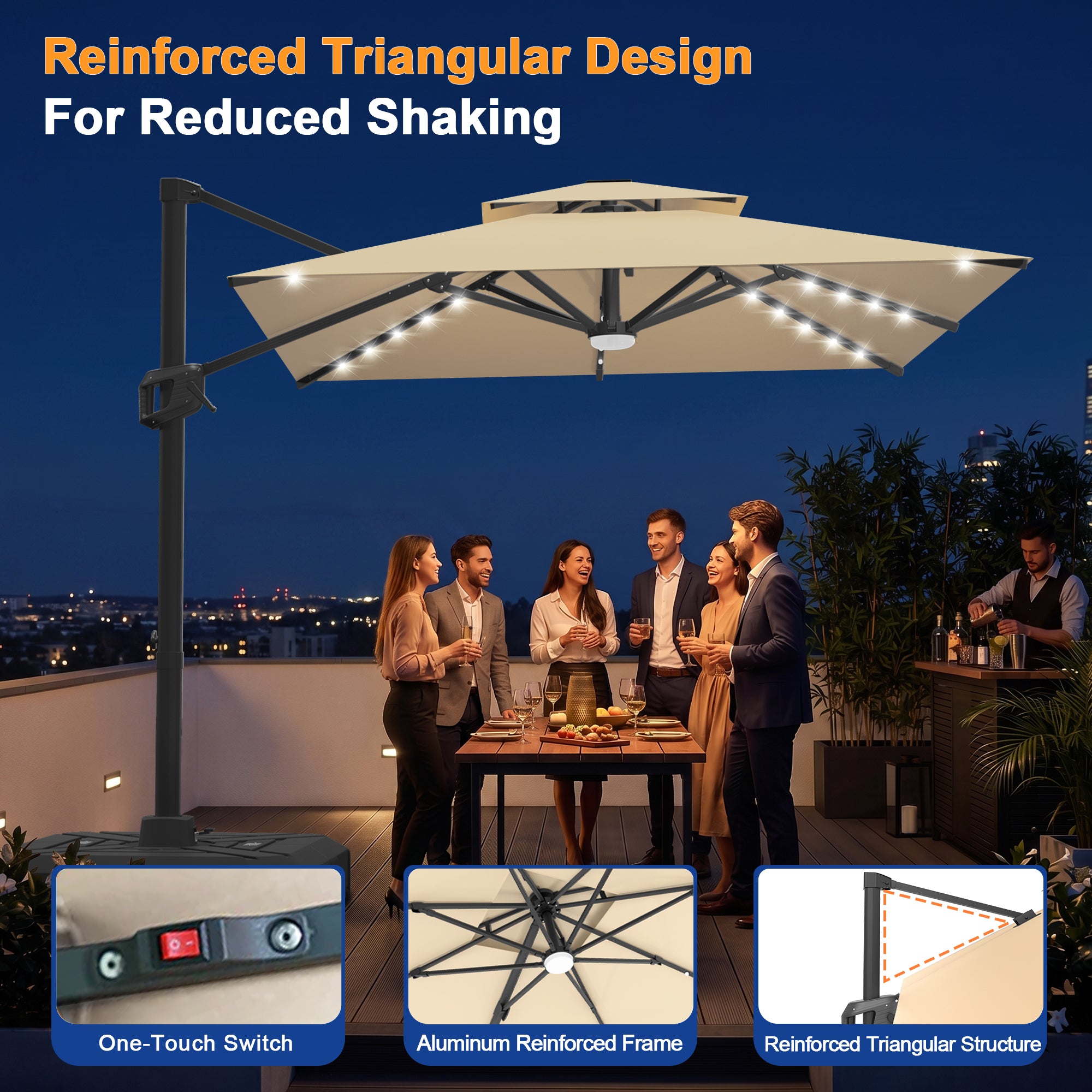 Cantilever Umbrella with Integrated Solar LED Bead Lights for Patios, Poolside Lounging & Garden Evenings
