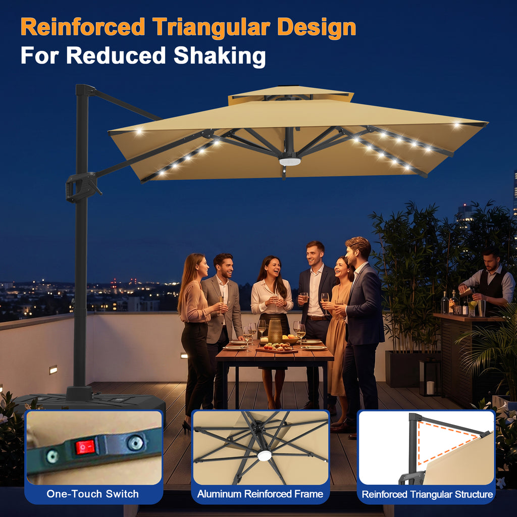 Cantilever Umbrella with Integrated Solar LED Bead Lights for Patios, Poolside Lounging & Garden Evenings