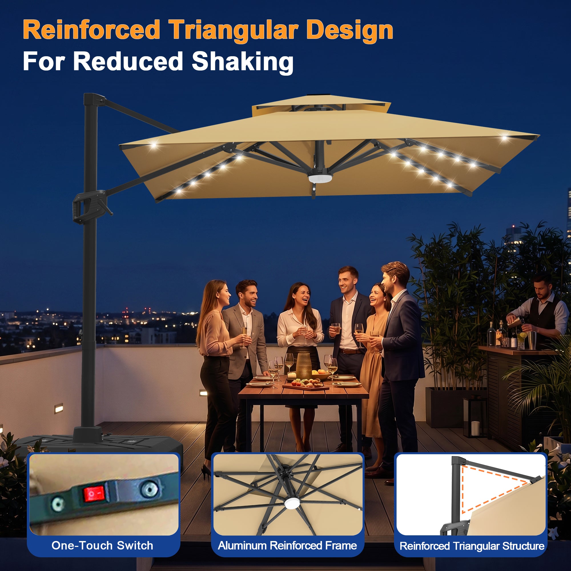 Cantilever Umbrella with Integrated Solar LED Bead Lights for Patios, Poolside Lounging & Garden Evenings