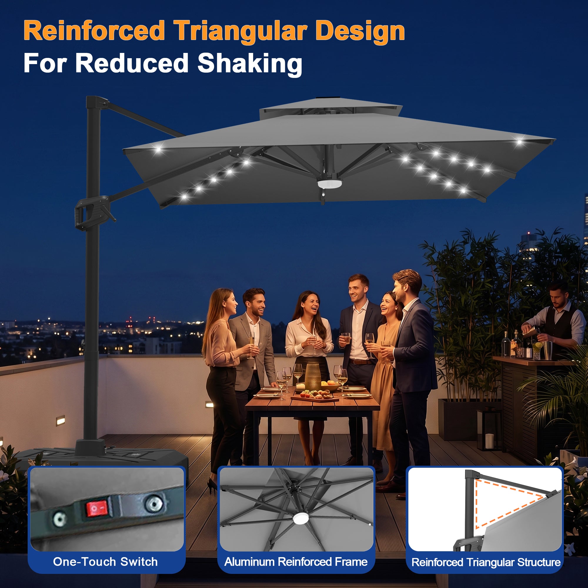 Cantilever Umbrella with Integrated Solar LED Bead Lights for Patios, Poolside Lounging & Garden Evenings