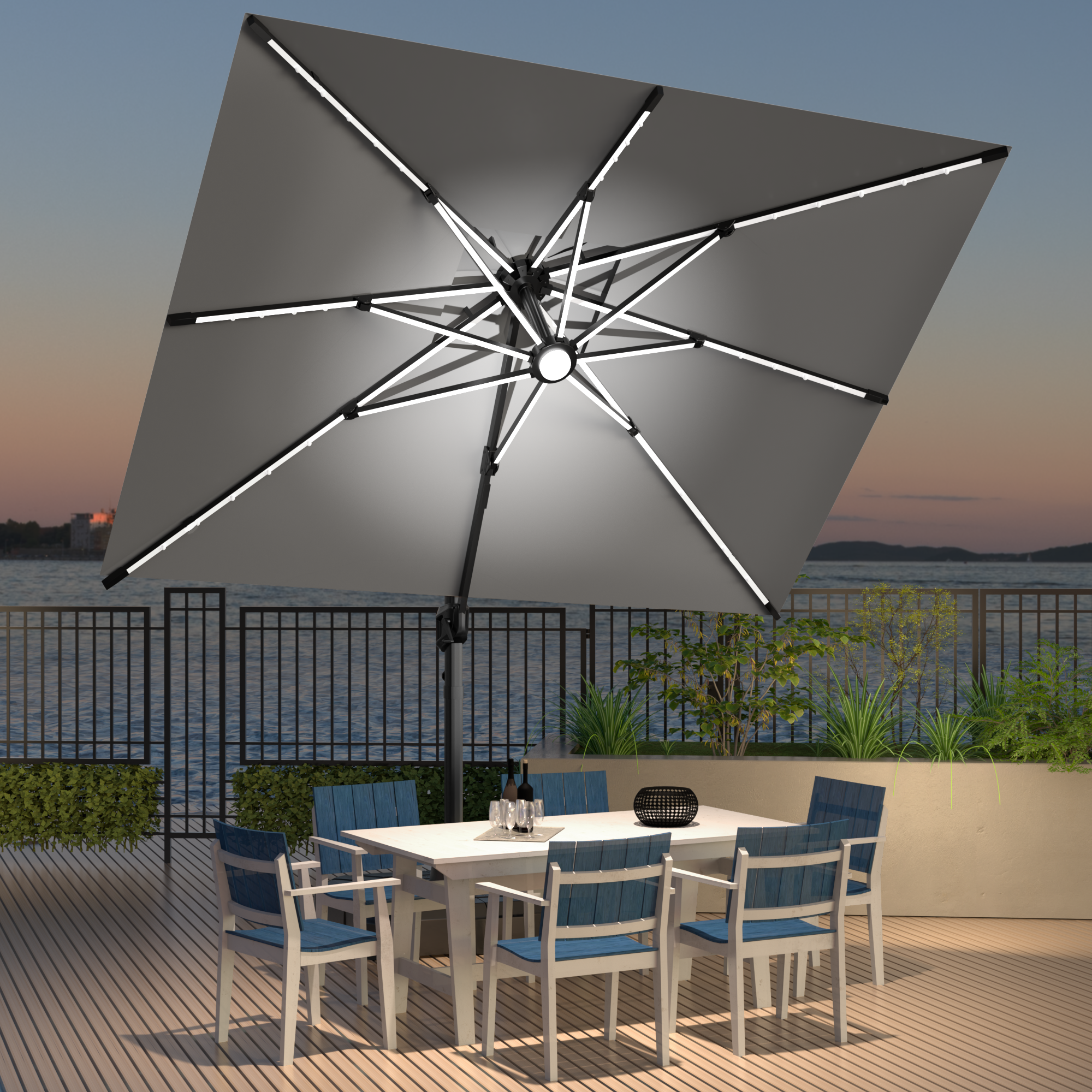 LED Cantilever Umbrella with Integrated Ribline Lighting for Outdoor Dining, Poolside Lounging & Garden Evenings