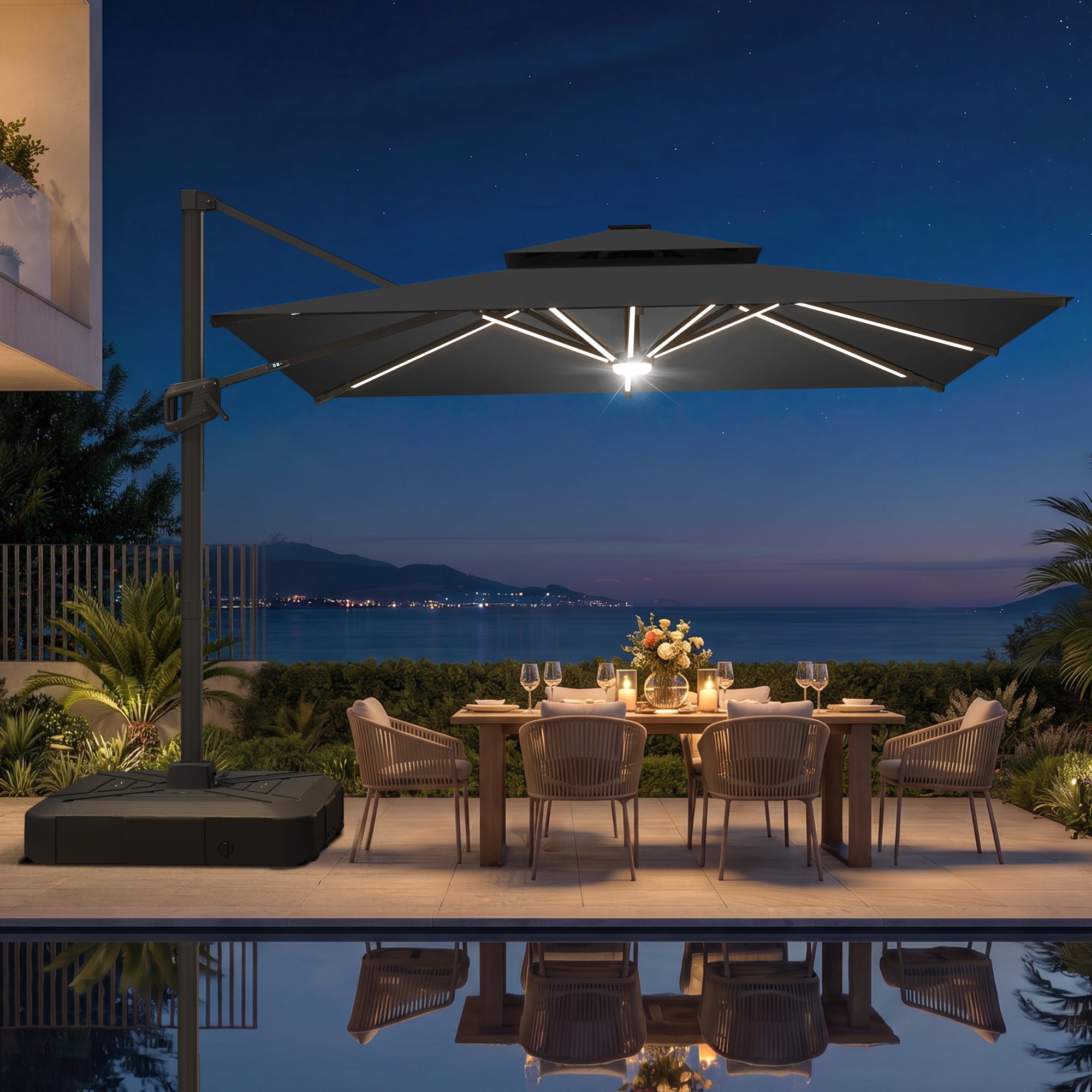 LED Cantilever Umbrella with Integrated Ribline Lighting for Outdoor Dining, Poolside Lounging & Garden Evenings