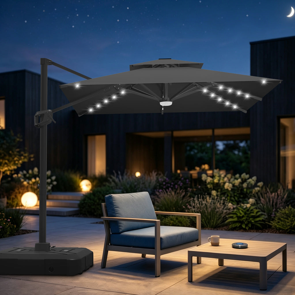 Cantilever Umbrella with Integrated Solar LED Bead Lights for Patios, Poolside Lounging & Garden Evenings