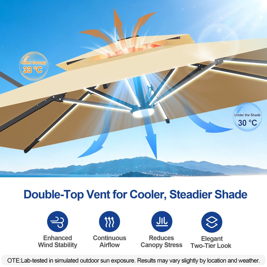 LED Cantilever Umbrella with Integrated Ribline Lighting for Outdoor Dining, Poolside Lounging & Garden Evenings