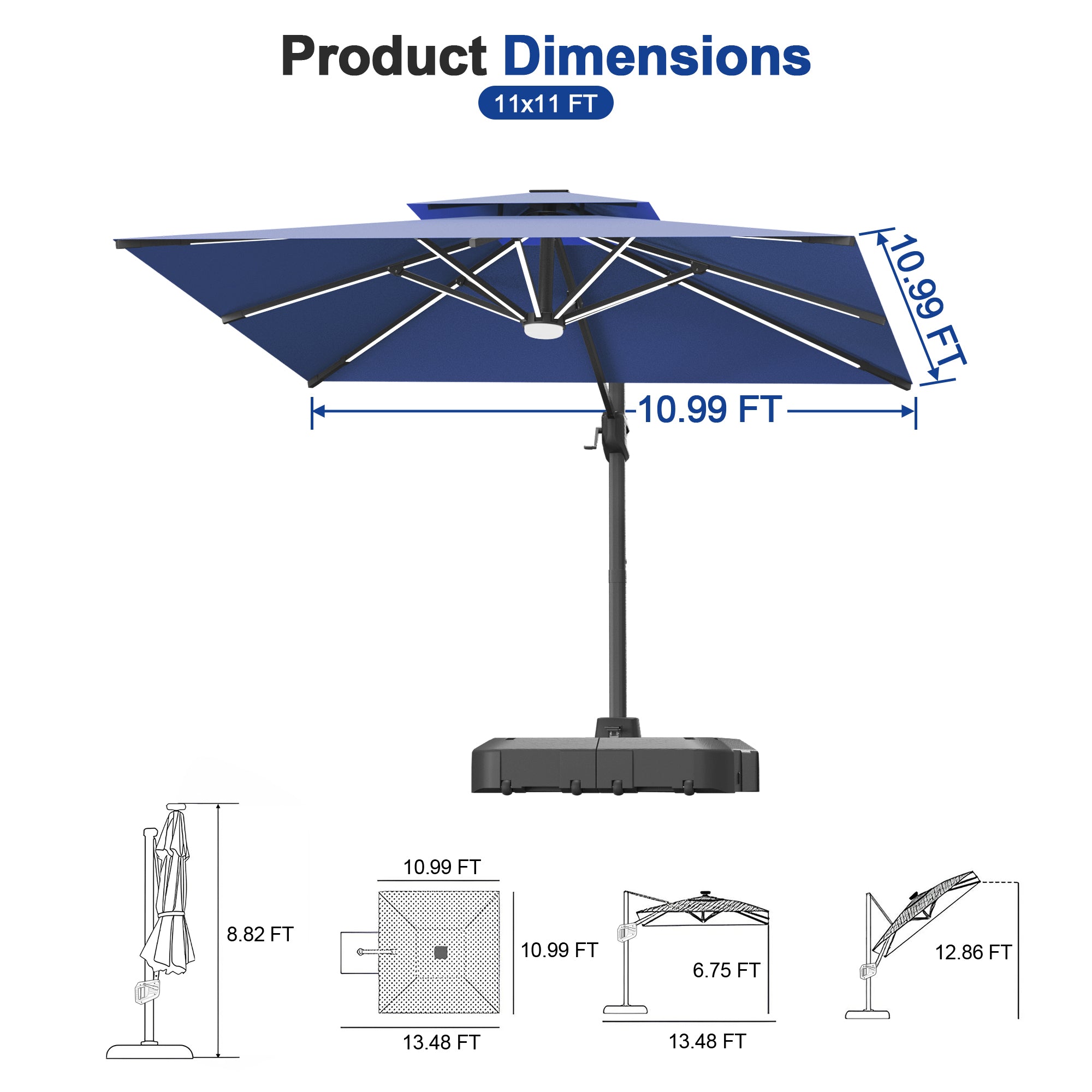 LED Cantilever Umbrella with Integrated Ribline Lighting for Outdoor Dining, Poolside Lounging & Garden Evenings