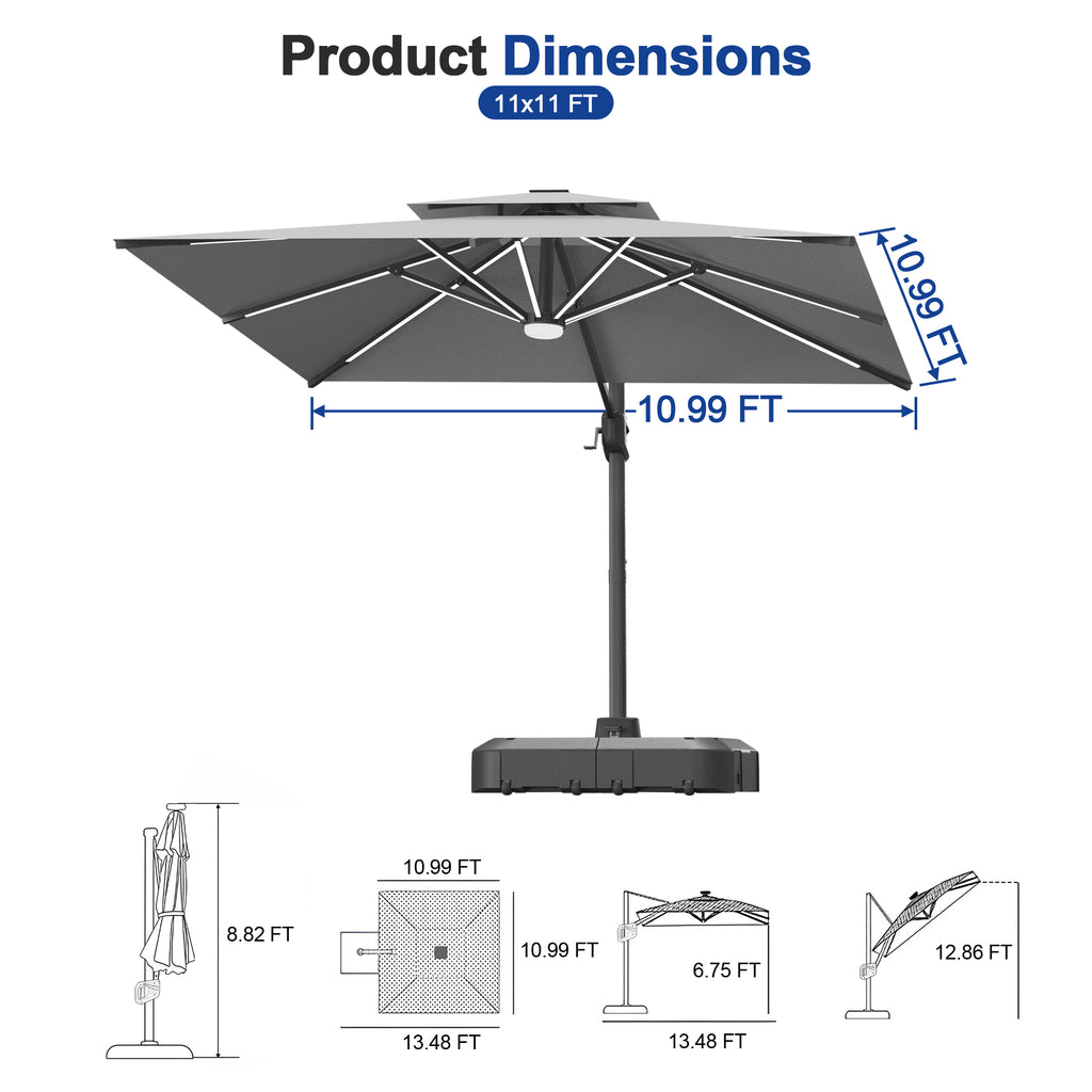 LED Cantilever Umbrella with Integrated Ribline Lighting for Outdoor Dining, Poolside Lounging & Garden Evenings