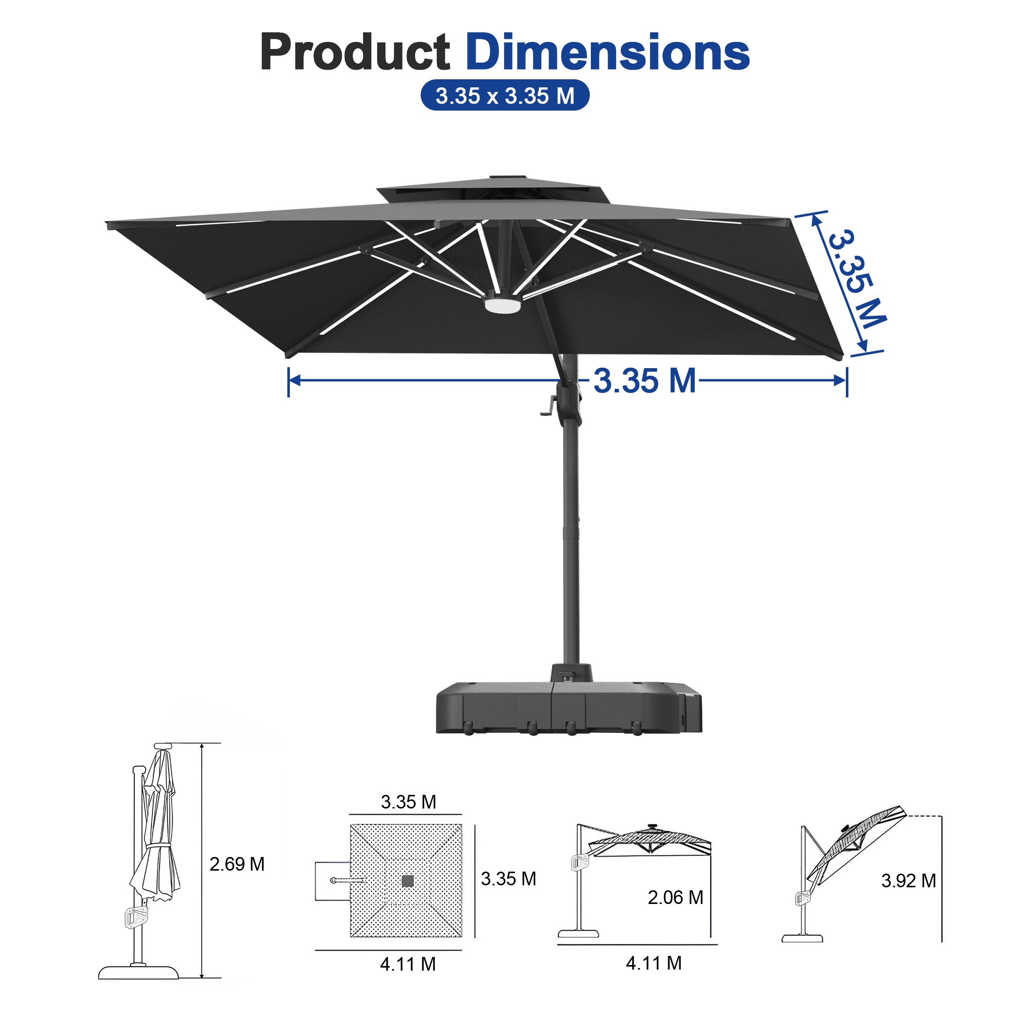 LED Cantilever Umbrella with Integrated Ribline Lighting for Outdoor Dining, Poolside Lounging & Garden Evenings