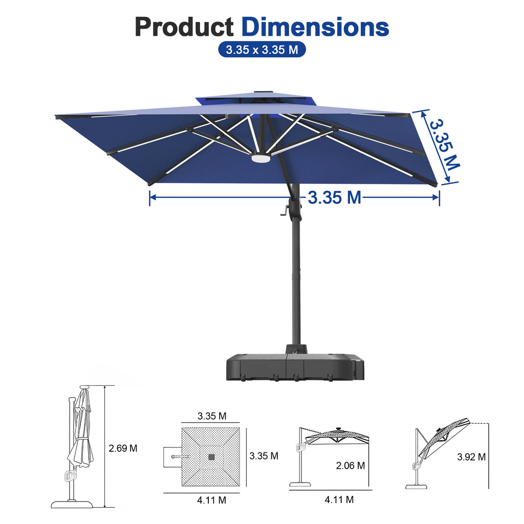 LED Cantilever Umbrella with Integrated Ribline Lighting for Outdoor Dining, Poolside Lounging & Garden Evenings