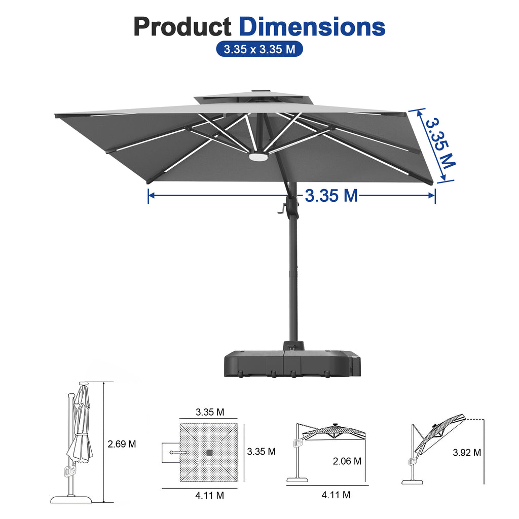 LED Cantilever Umbrella with Integrated Ribline Lighting for Outdoor Dining, Poolside Lounging & Garden Evenings