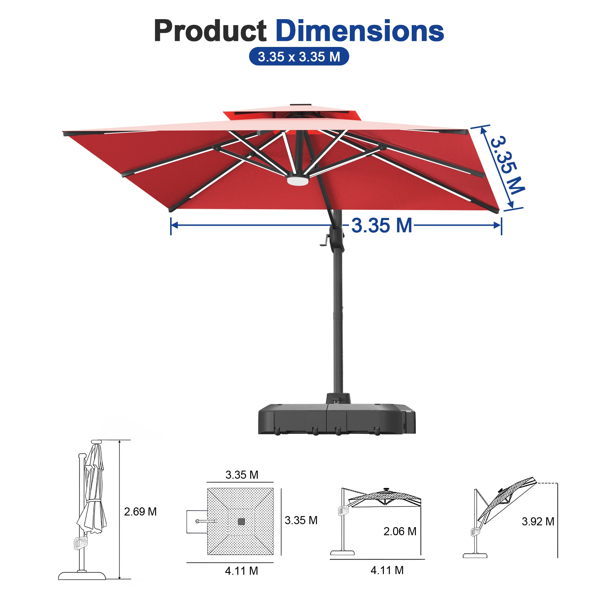 LED Cantilever Umbrella with Integrated Ribline Lighting for Outdoor Dining, Poolside Lounging & Garden Evenings
