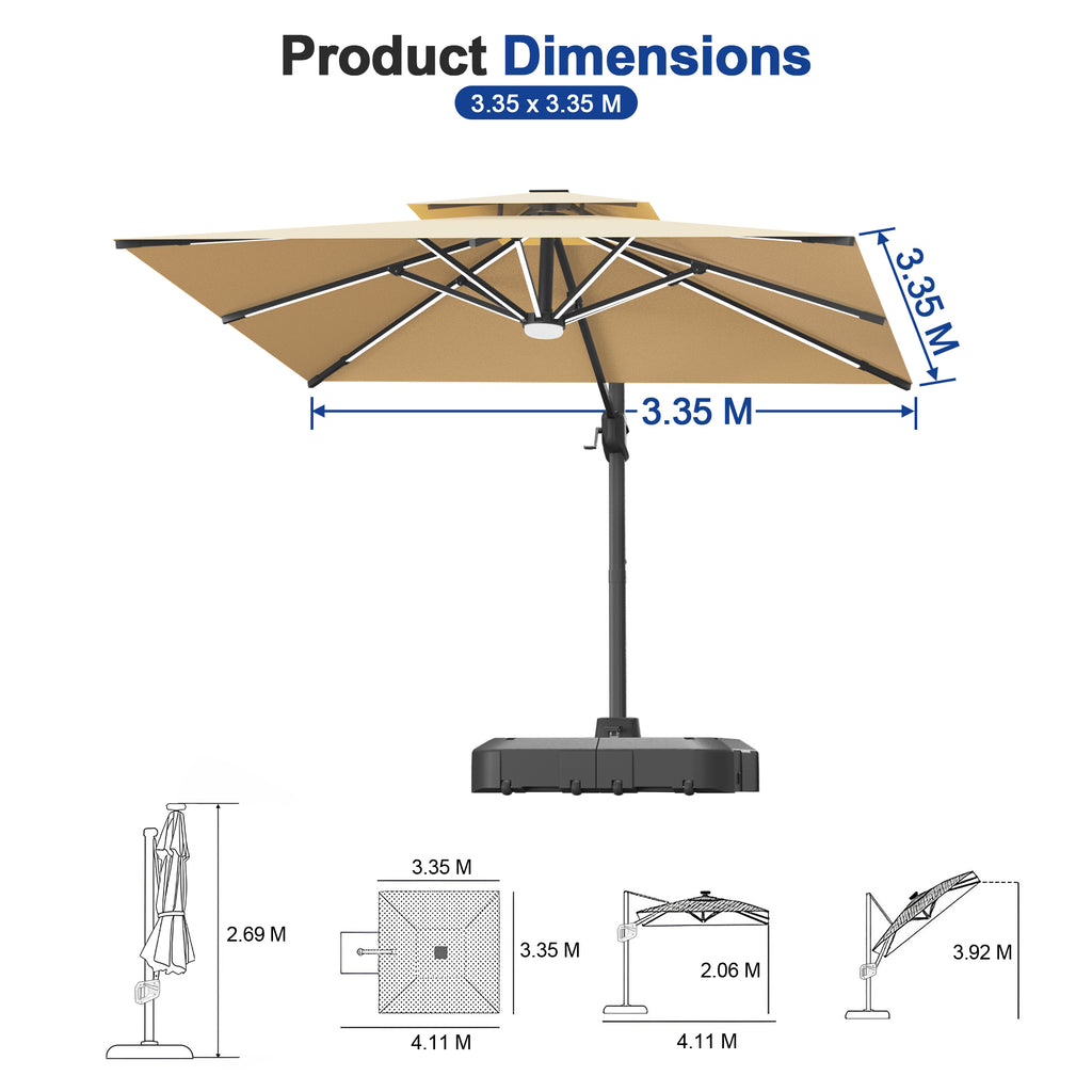 LED Cantilever Umbrella with Integrated Ribline Lighting for Outdoor Dining, Poolside Lounging & Garden Evenings