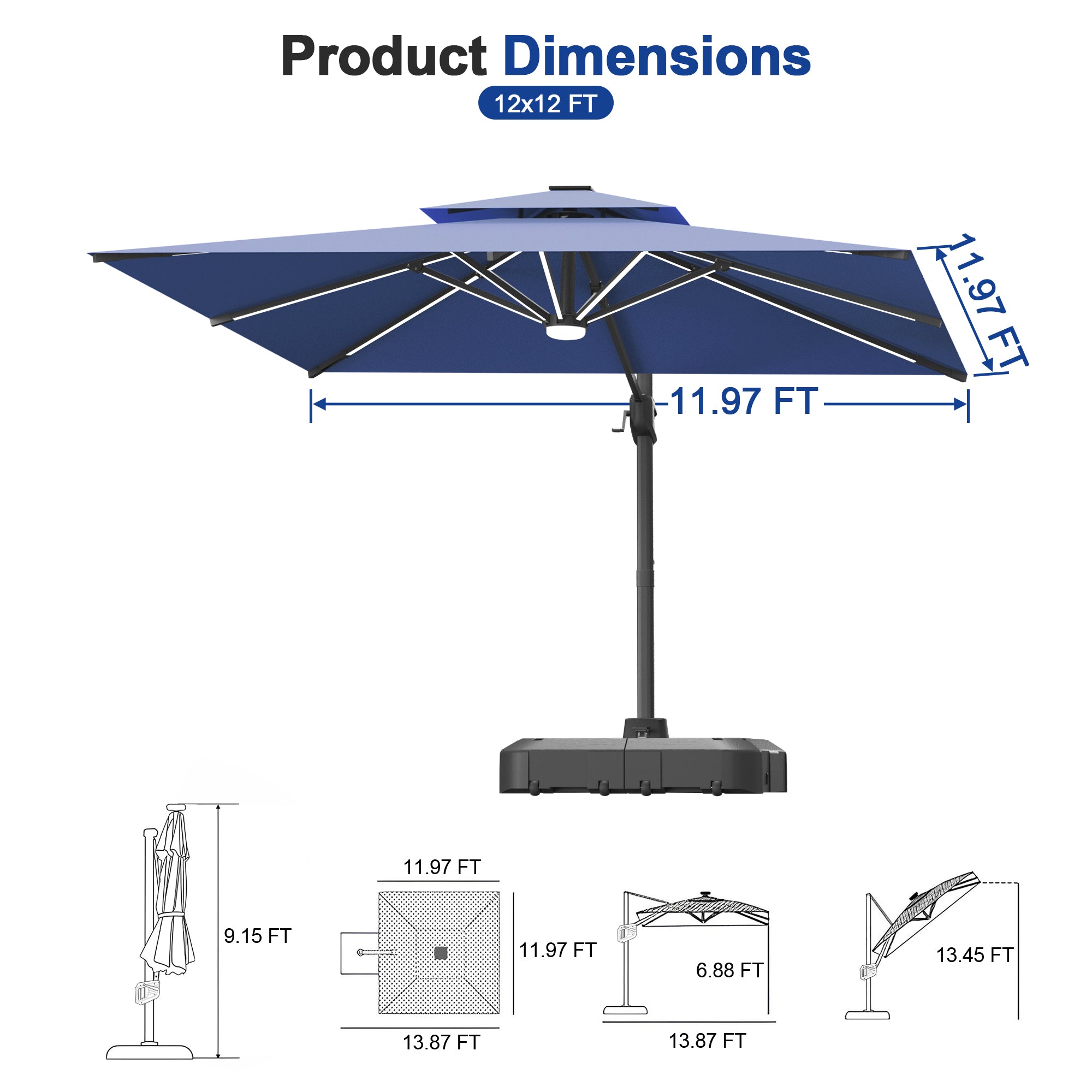 LED Cantilever Umbrella with Integrated Ribline Lighting for Outdoor Dining, Poolside Lounging & Garden Evenings