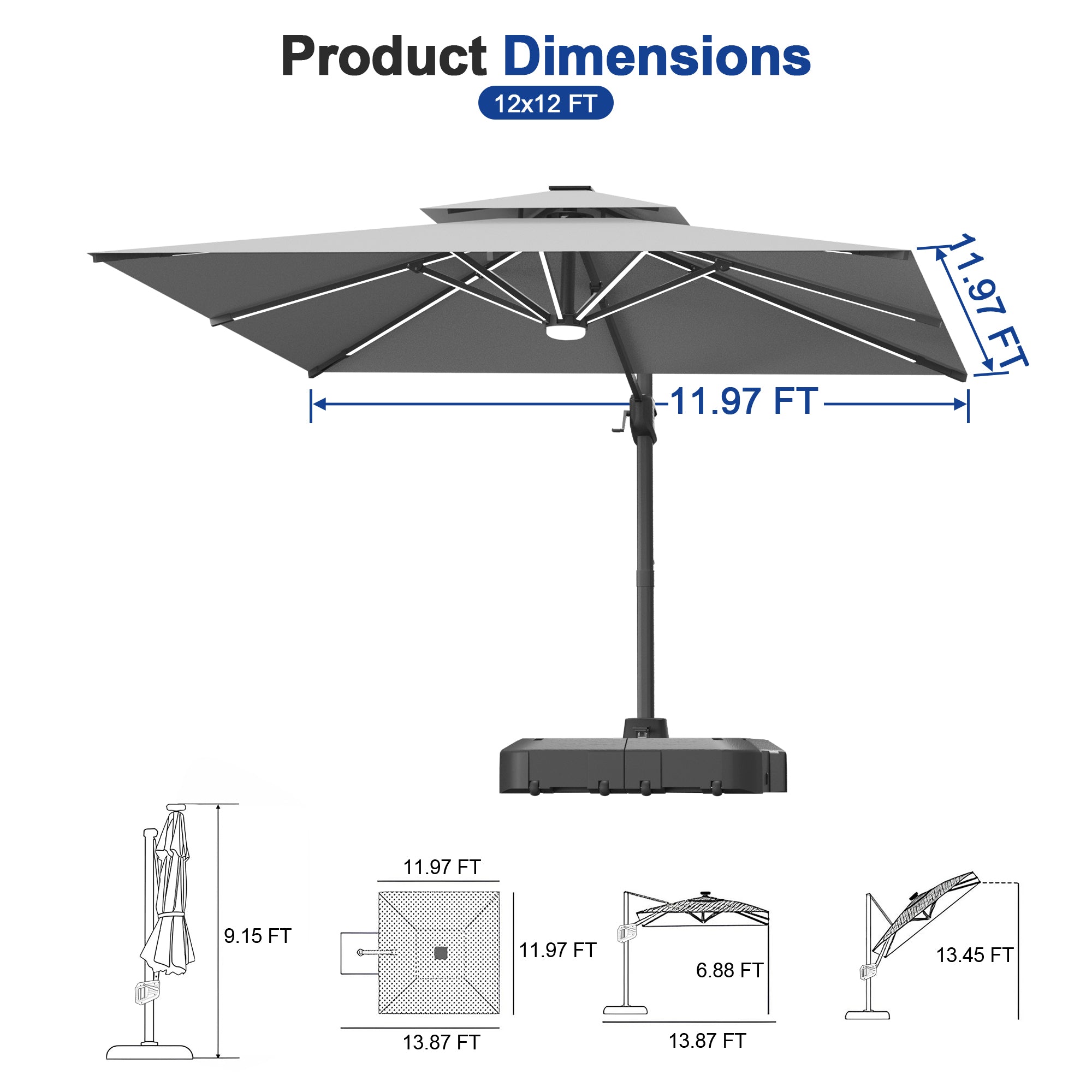 LED Cantilever Umbrella with Integrated Ribline Lighting for Outdoor Dining, Poolside Lounging & Garden Evenings