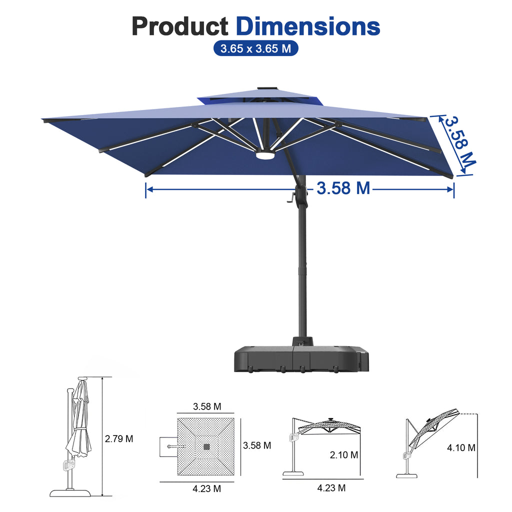 LED Cantilever Umbrella with Integrated Ribline Lighting for Outdoor Dining, Poolside Lounging & Garden Evenings